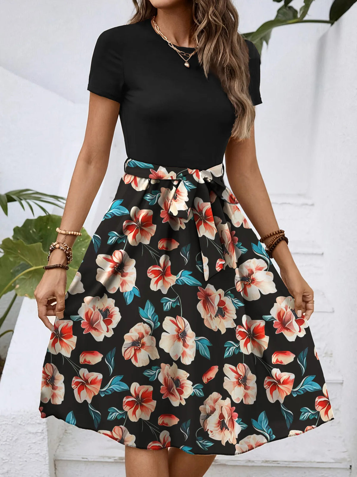 Floral Print A-Line Dress in Black by Classic Comfort