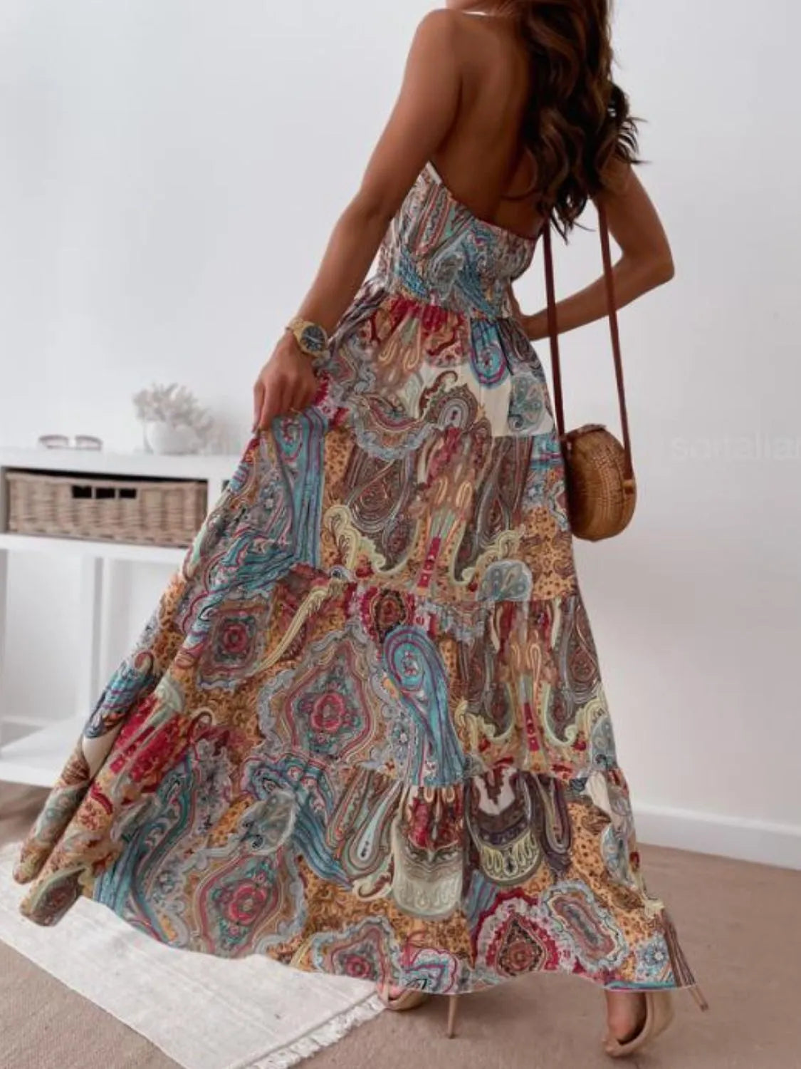 Halter Neck Tiered Maxi Dress in Red Flower