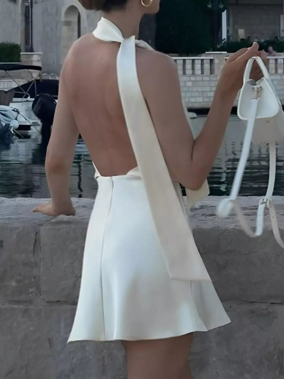 Halter Neck Mini Dress in Beige