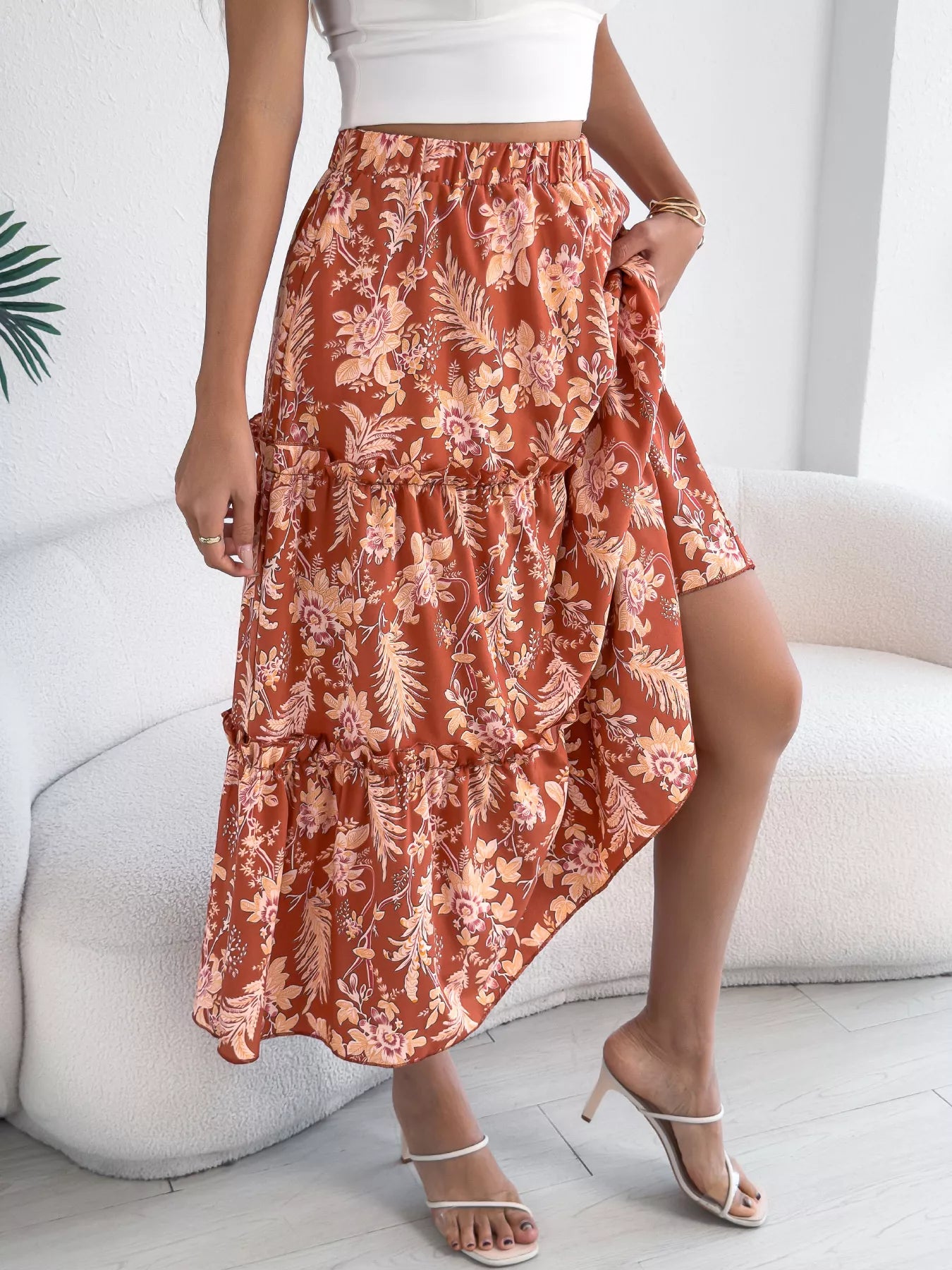 Floral Ruffle Hem Flowy Midi Skirt