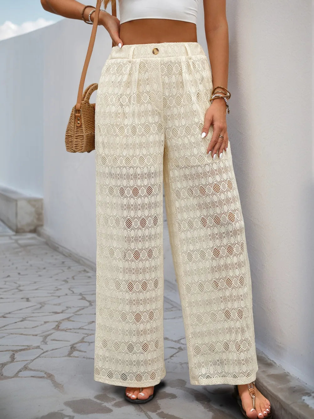 Decorative Button Wide Leg Pants in Cream