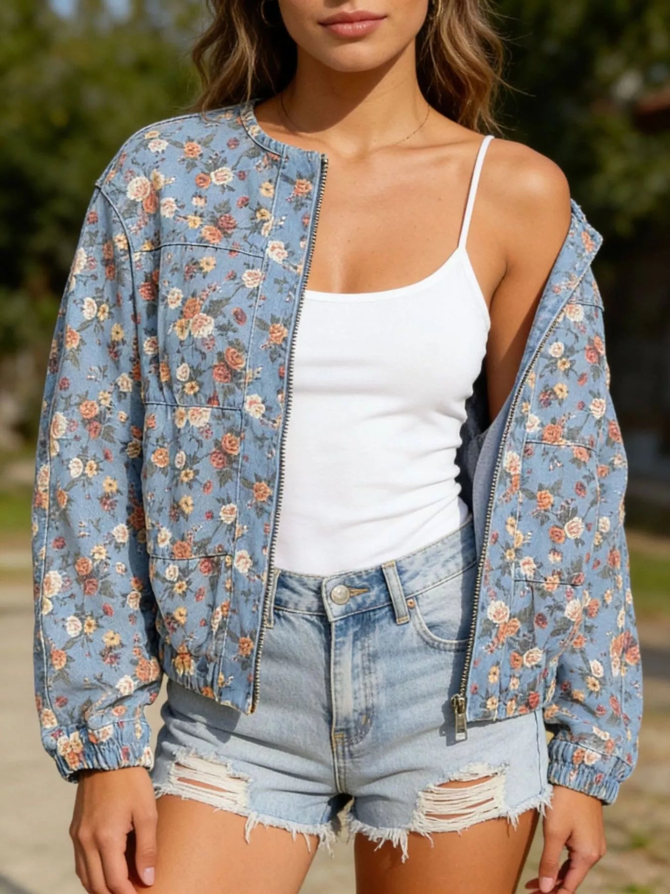 Floral Print Zip-Up Denim Jacket in Light Blue
