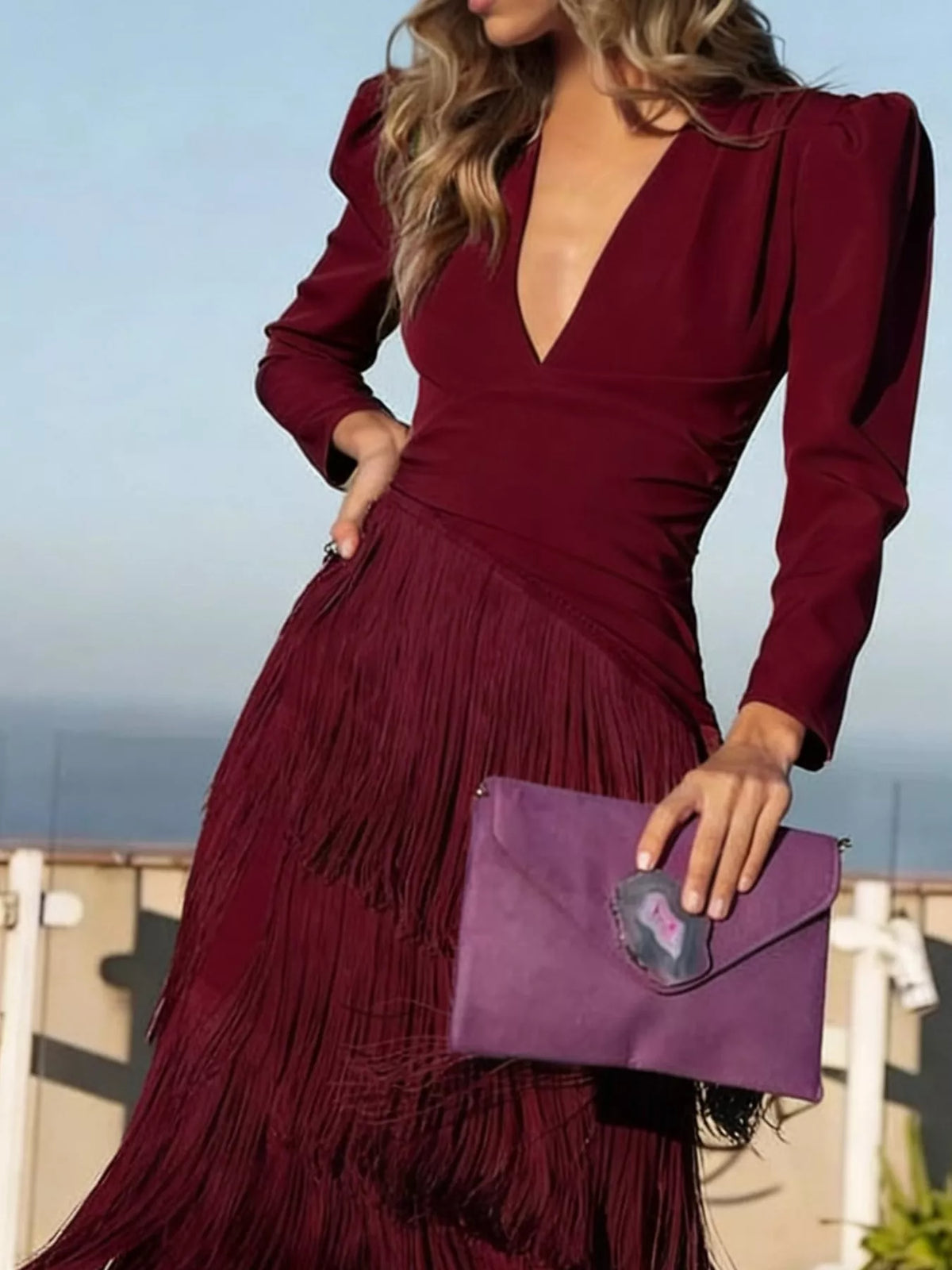 Fringed V-Neck Puff Sleeve Maxi Dress