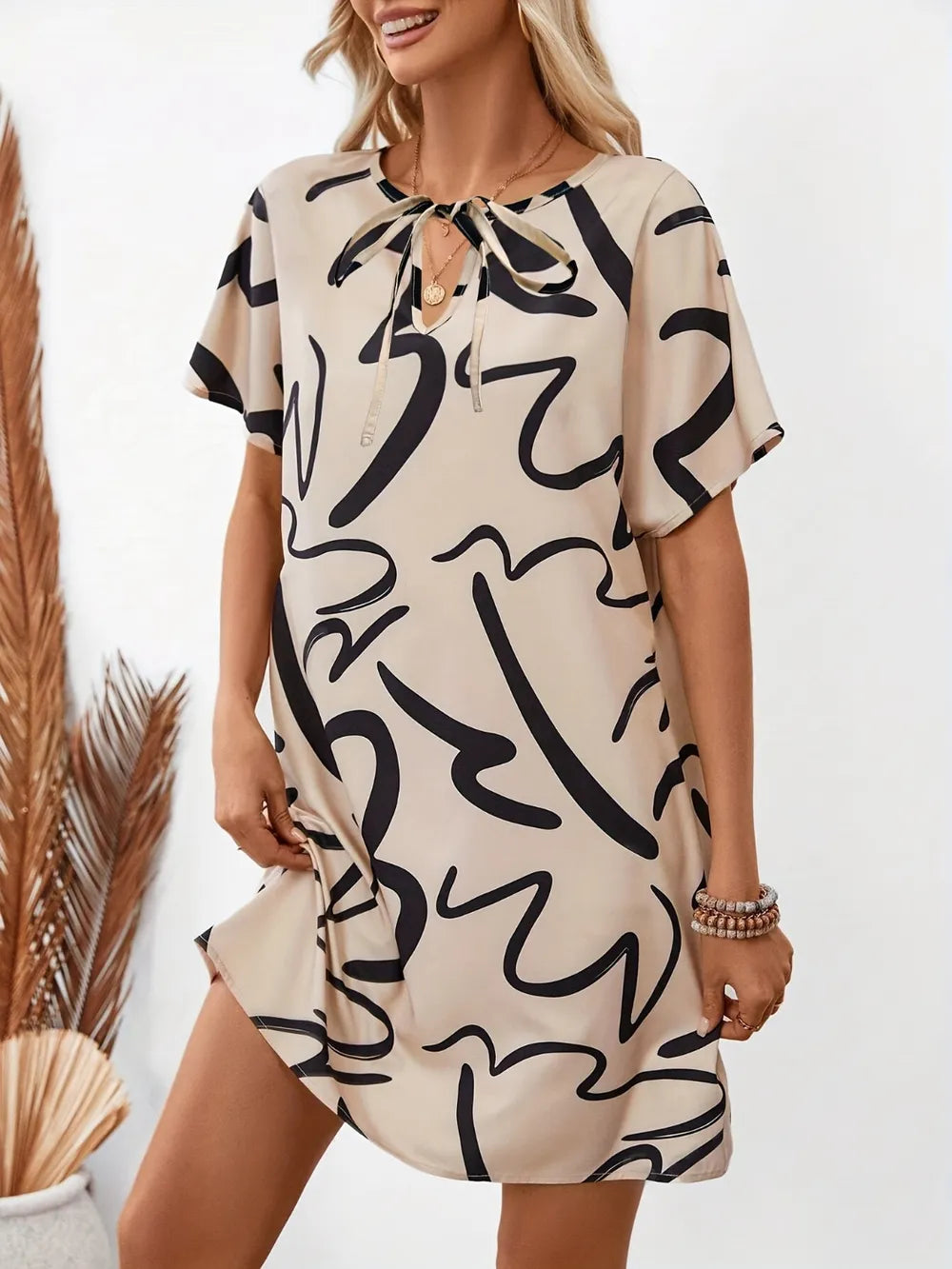 Printed Short Sleeve Mini Dress in Tan
