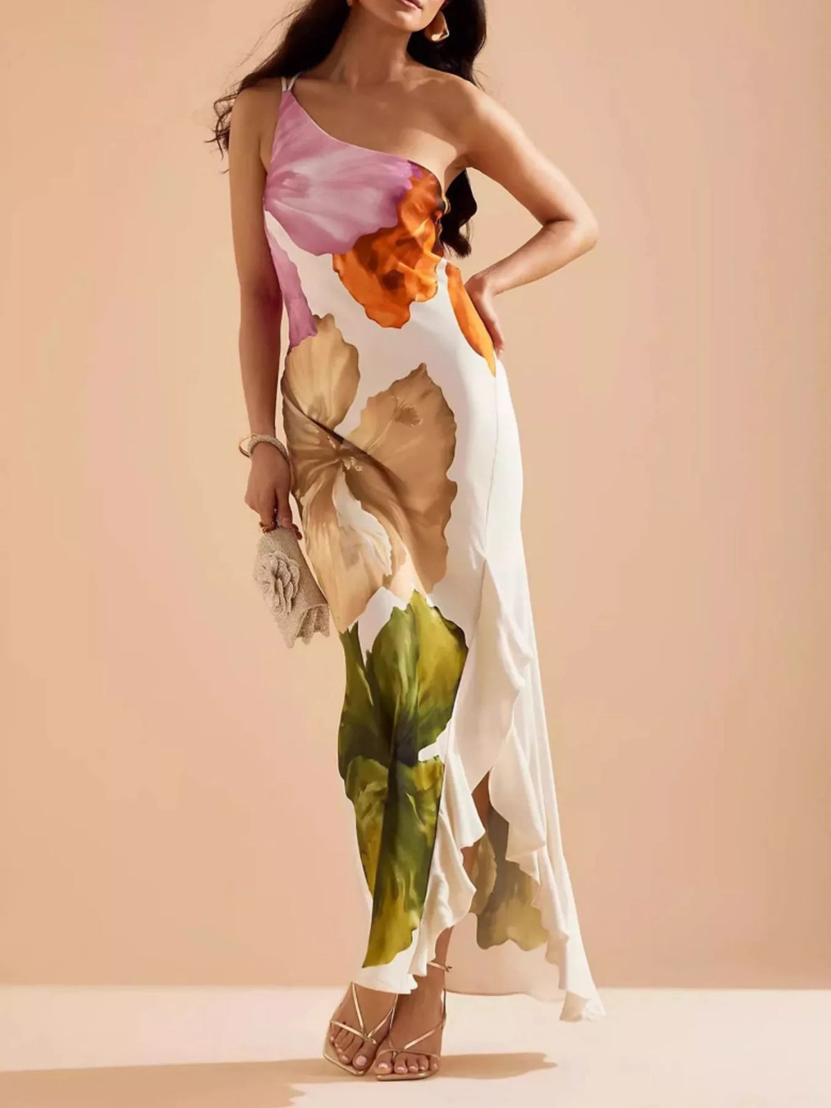 Floral One-Shoulder Ruffle Hem Maxi Dress in Multicolor