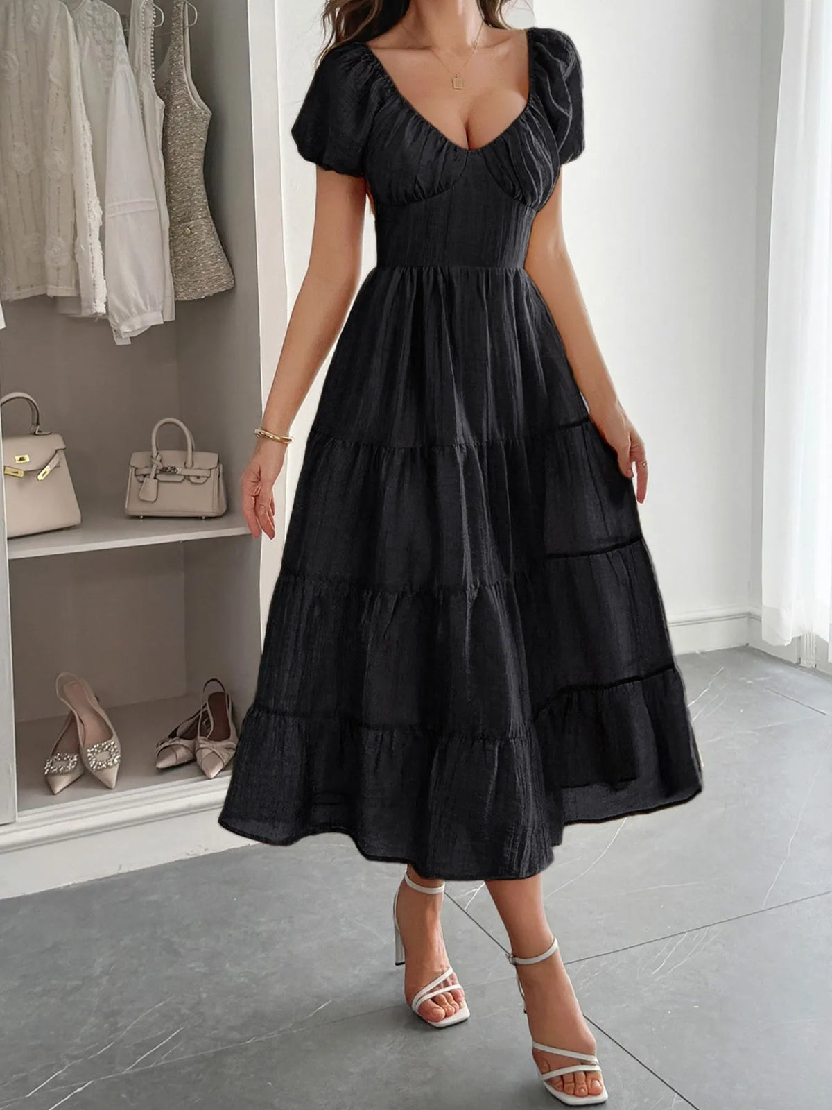 Backless Puff-Sleeve Tiered Midi Dress