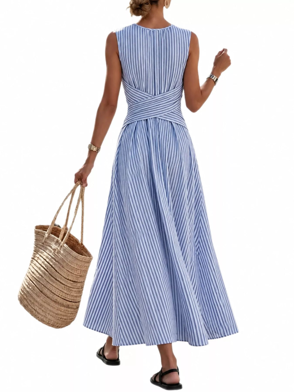 Sleeveless Striped Maxi Dress with Criss-Cross Waist