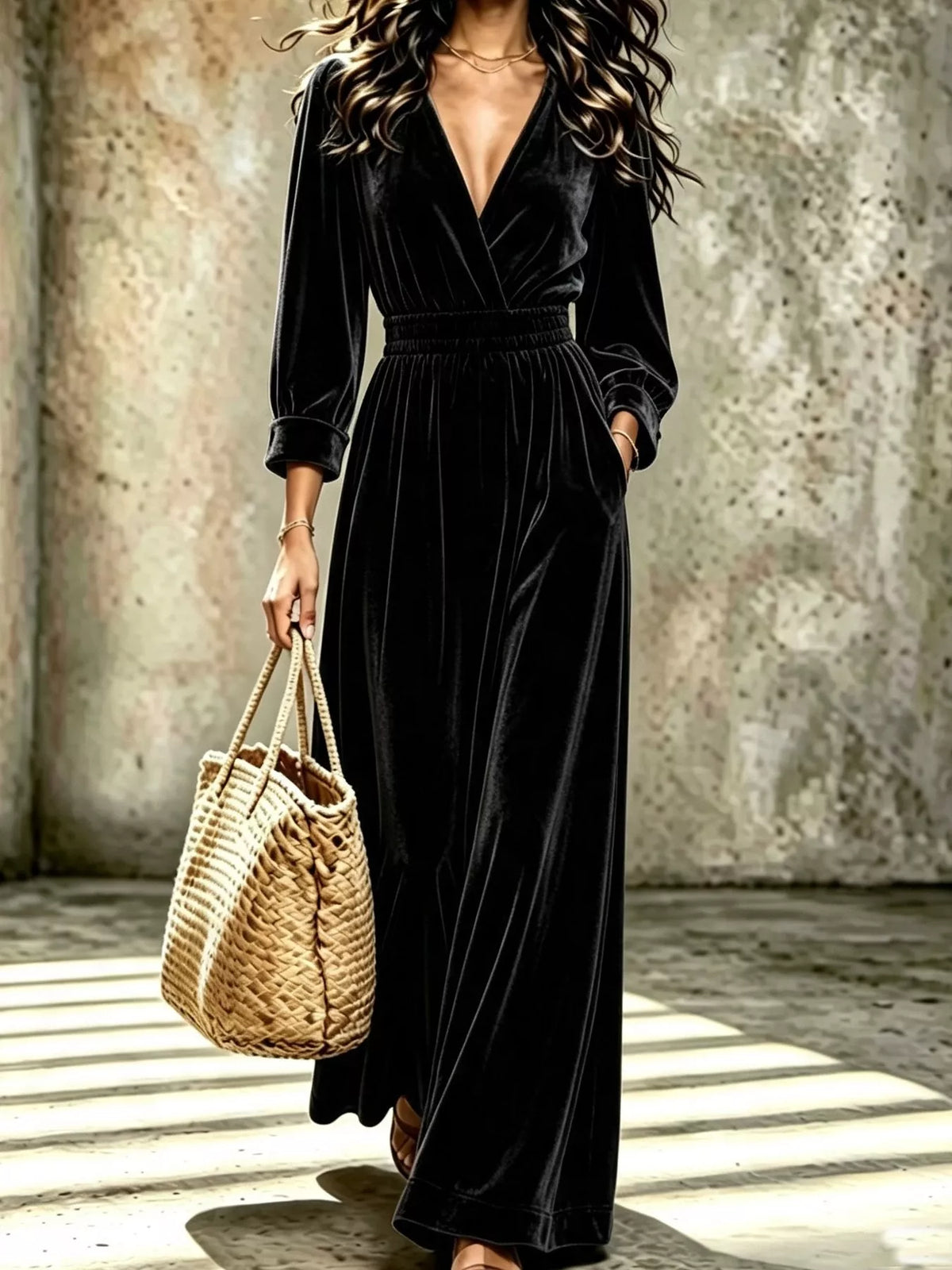 Velvet Surplice Long Sleeve Jumpsuit