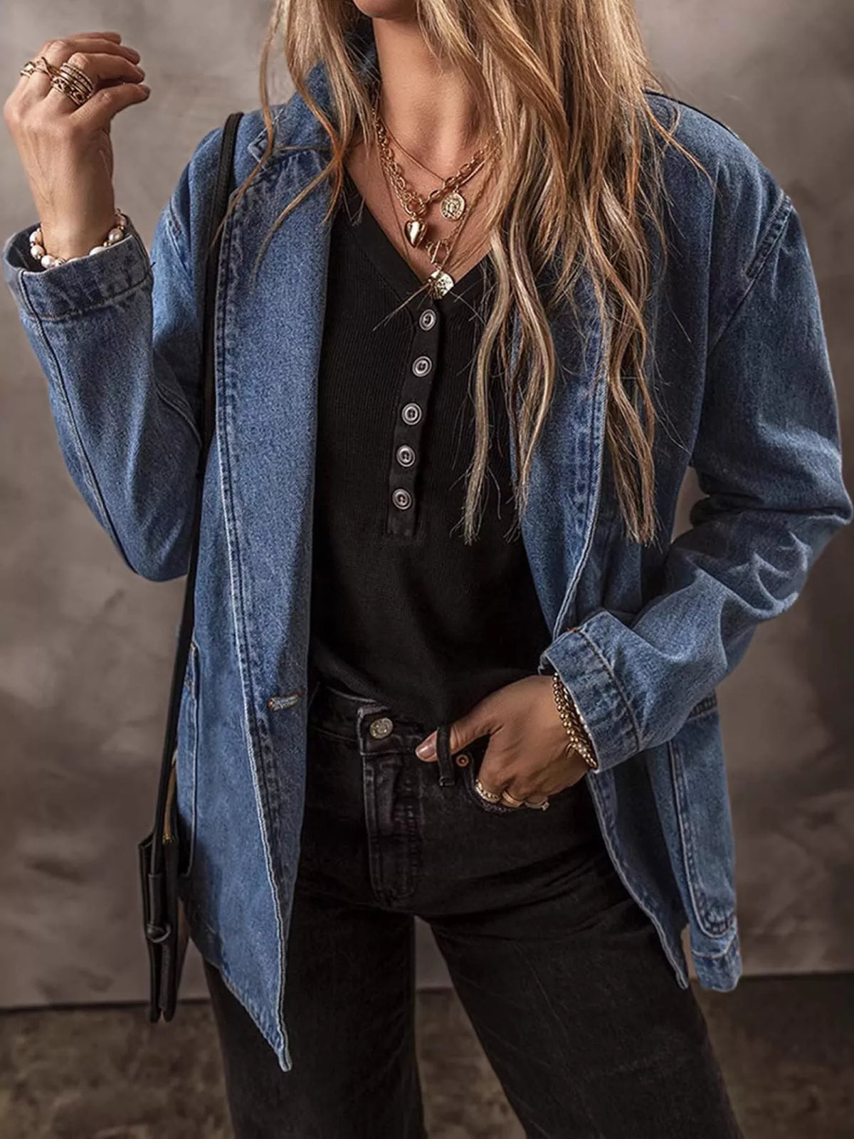 One-Button Denim Blazer in Medium Wash