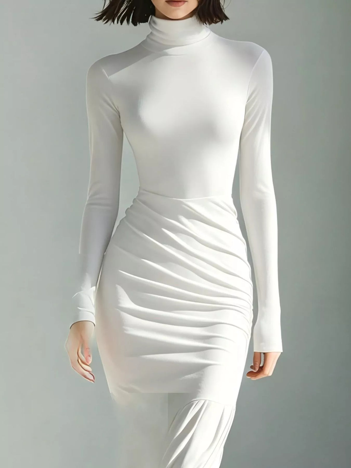 Slit Turtleneck Ruched Bodycon Mermaid Dress, Full Size