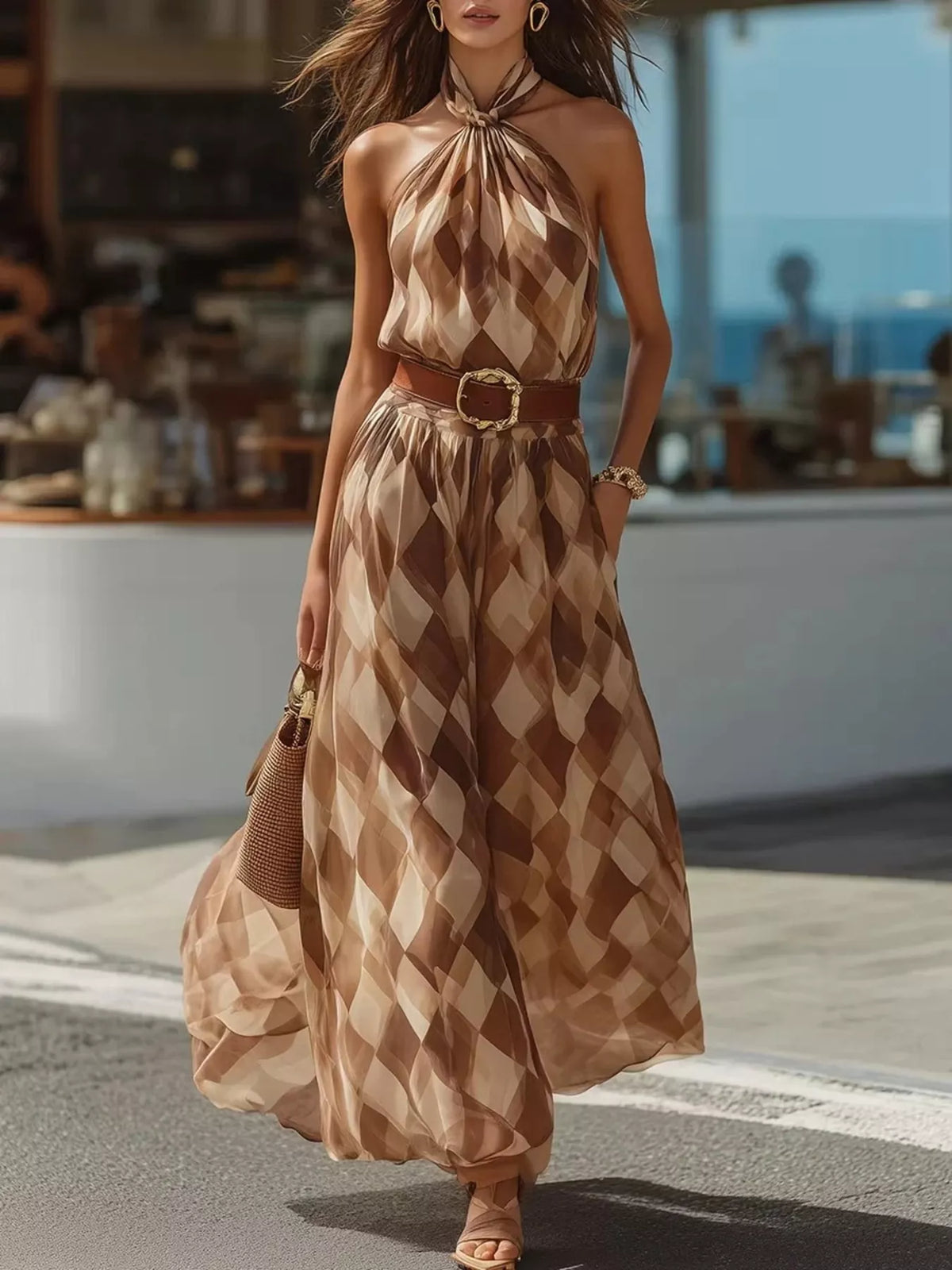 Diamond Pattern Halter Maxi Dress in Brown