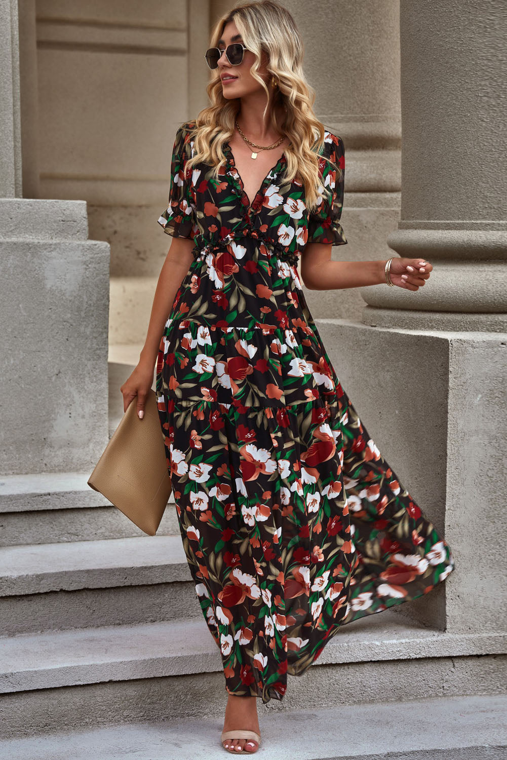 Floral V-Neck Flounce Sleeve Dress
