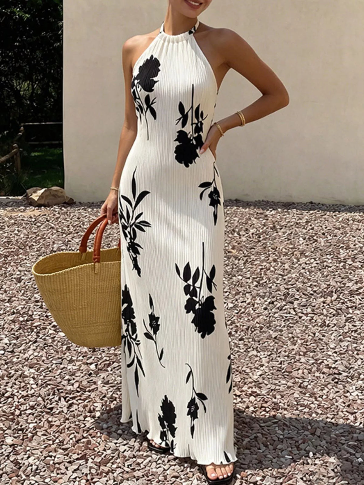 Floral Print Halter Neck Maxi Dress in White