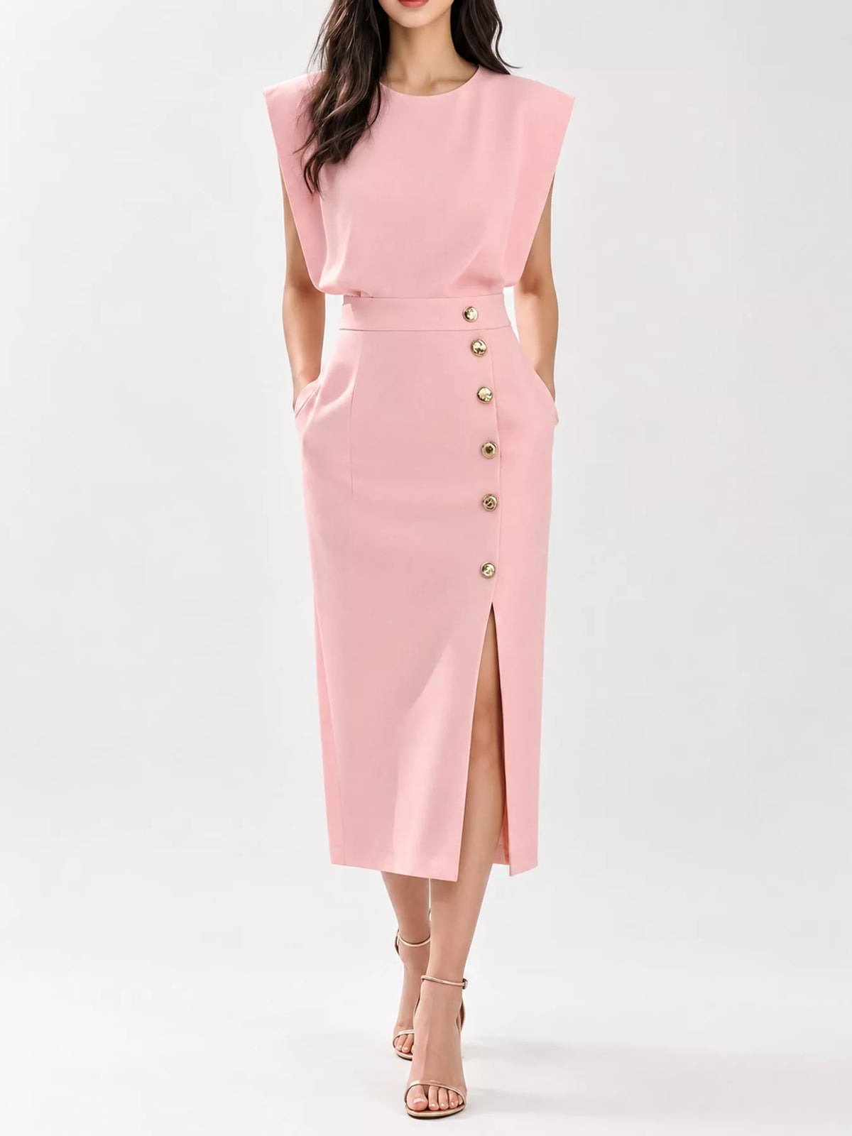 Sleeveless Midi Dress with Gold Button Detail
