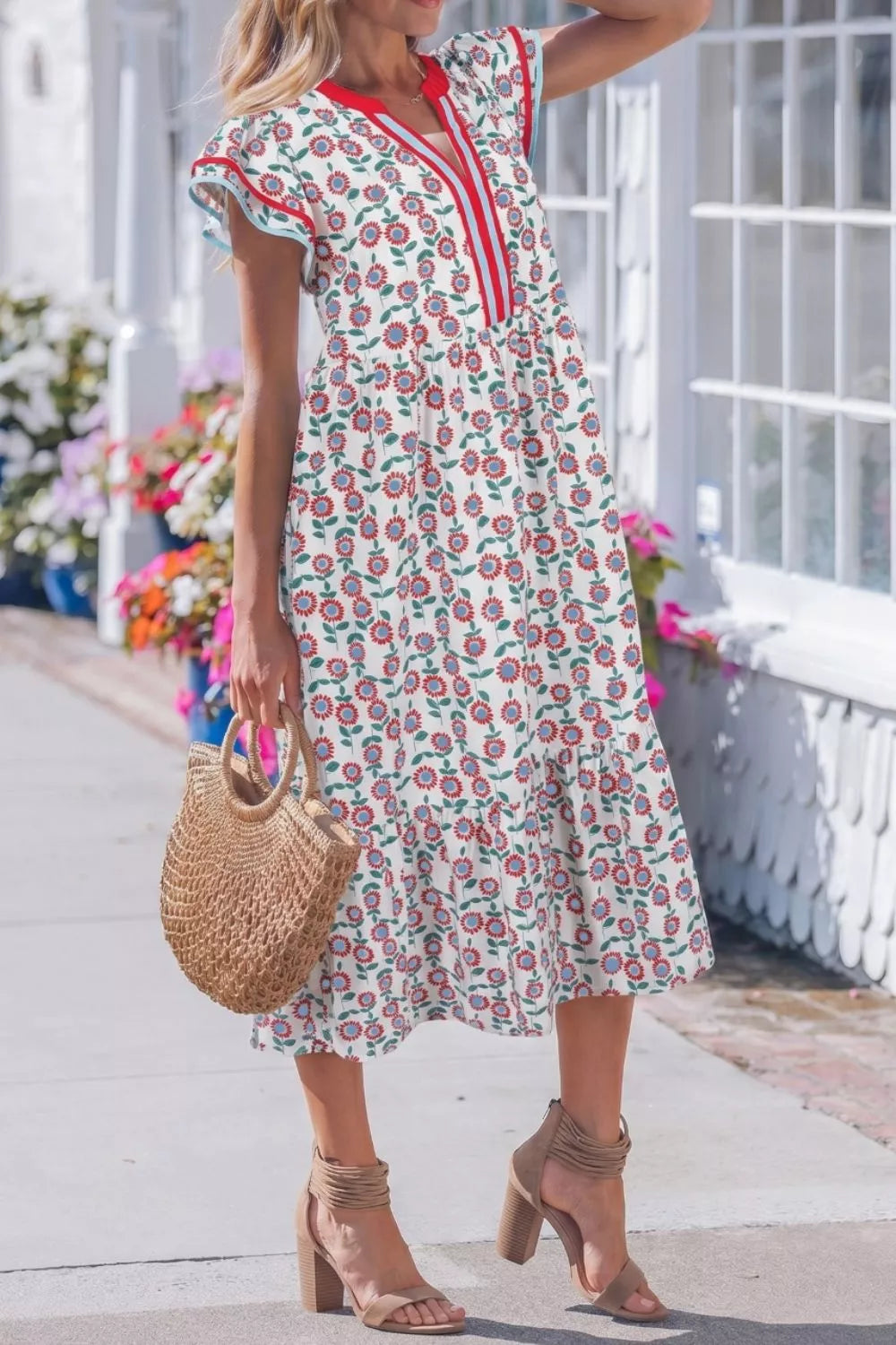 Ruffle Sleeve Tiered Midi Dress in Strawberry