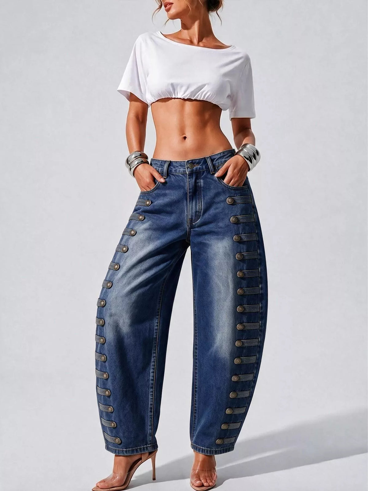 Decorative Button Wide Leg Jeans