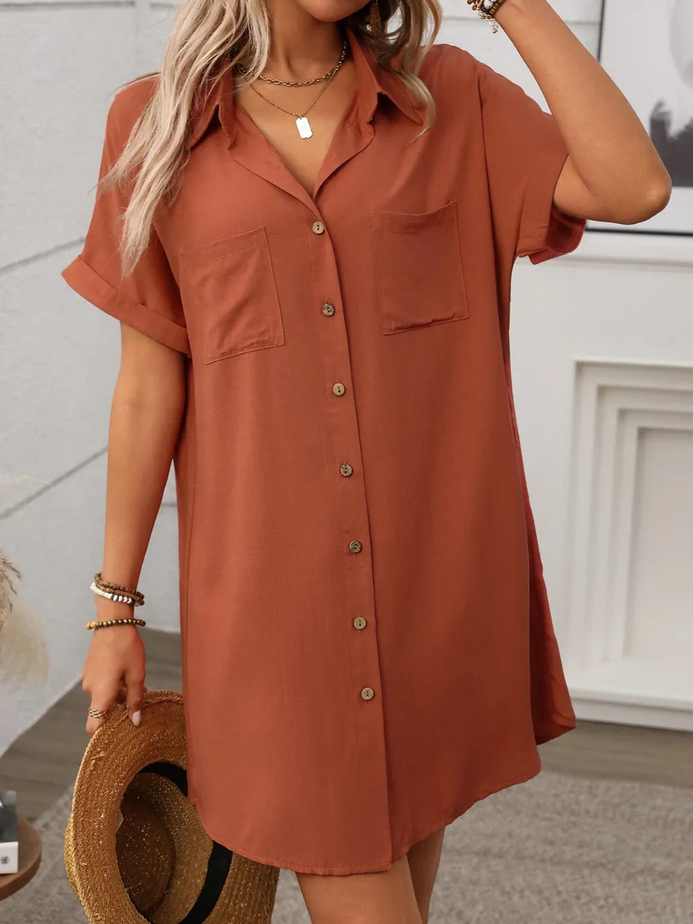 Button-Down Short Sleeve Mini Dress