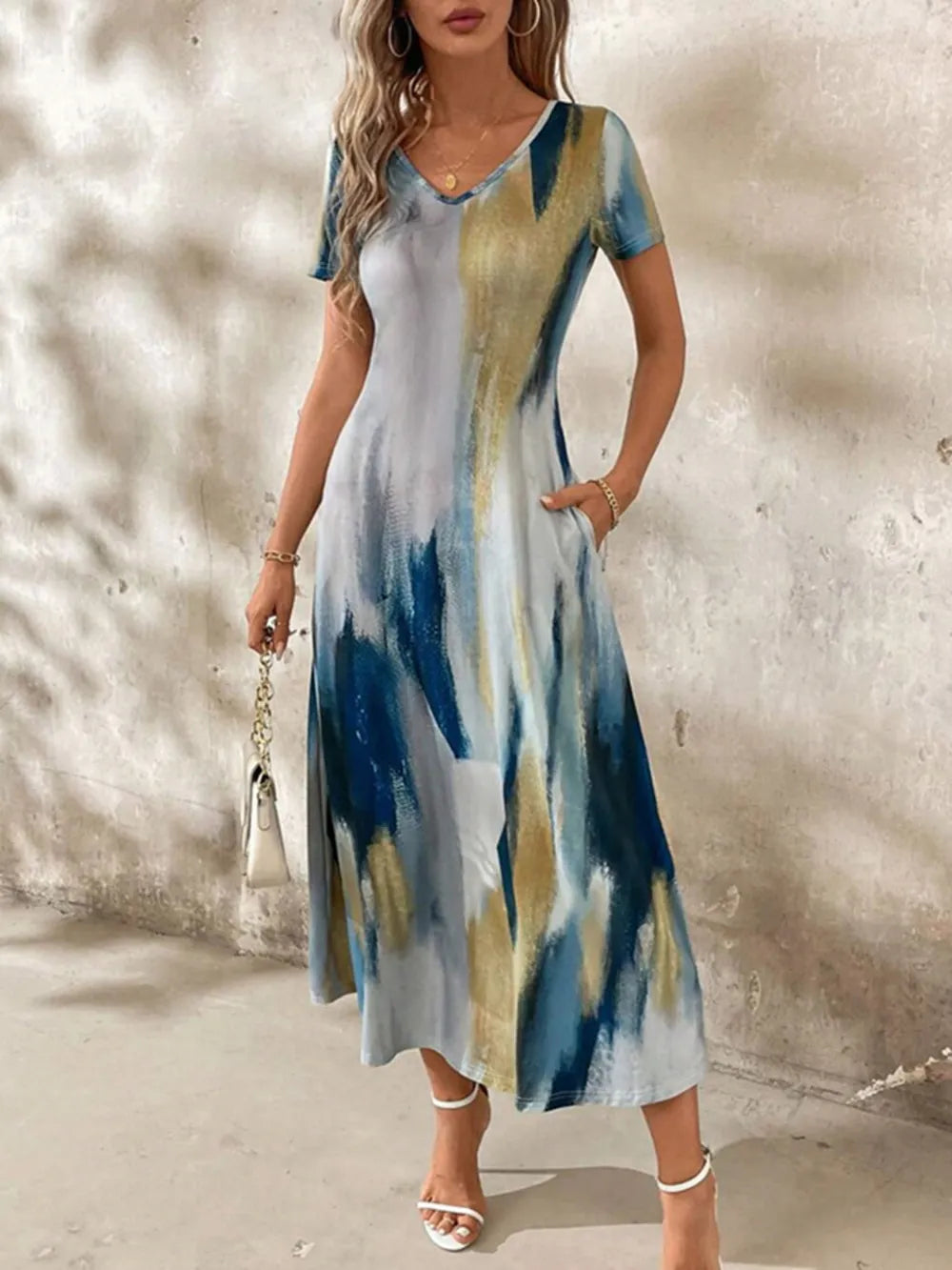 Tie-Dye V-Neck Pocketed Midi Tee Dress by Sara Roman