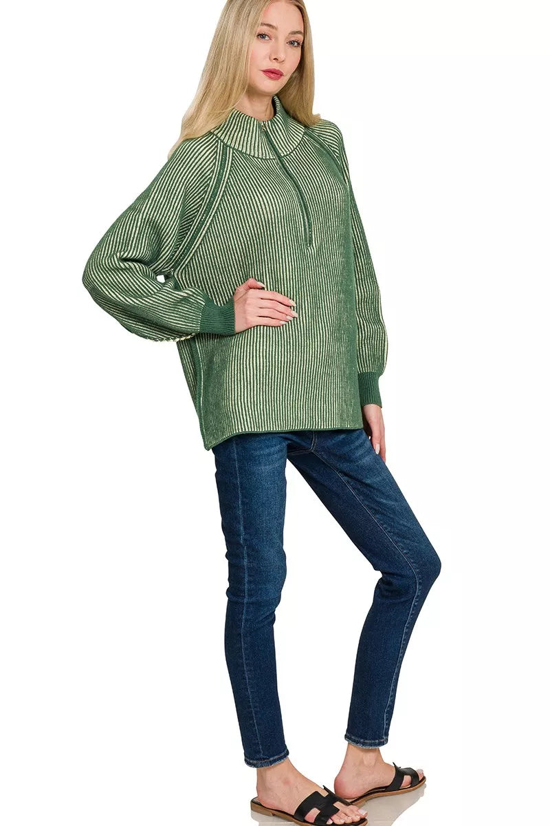 Zenana Ribbed Two-Tone Half Zip Sweater in Dark Green in Dk green