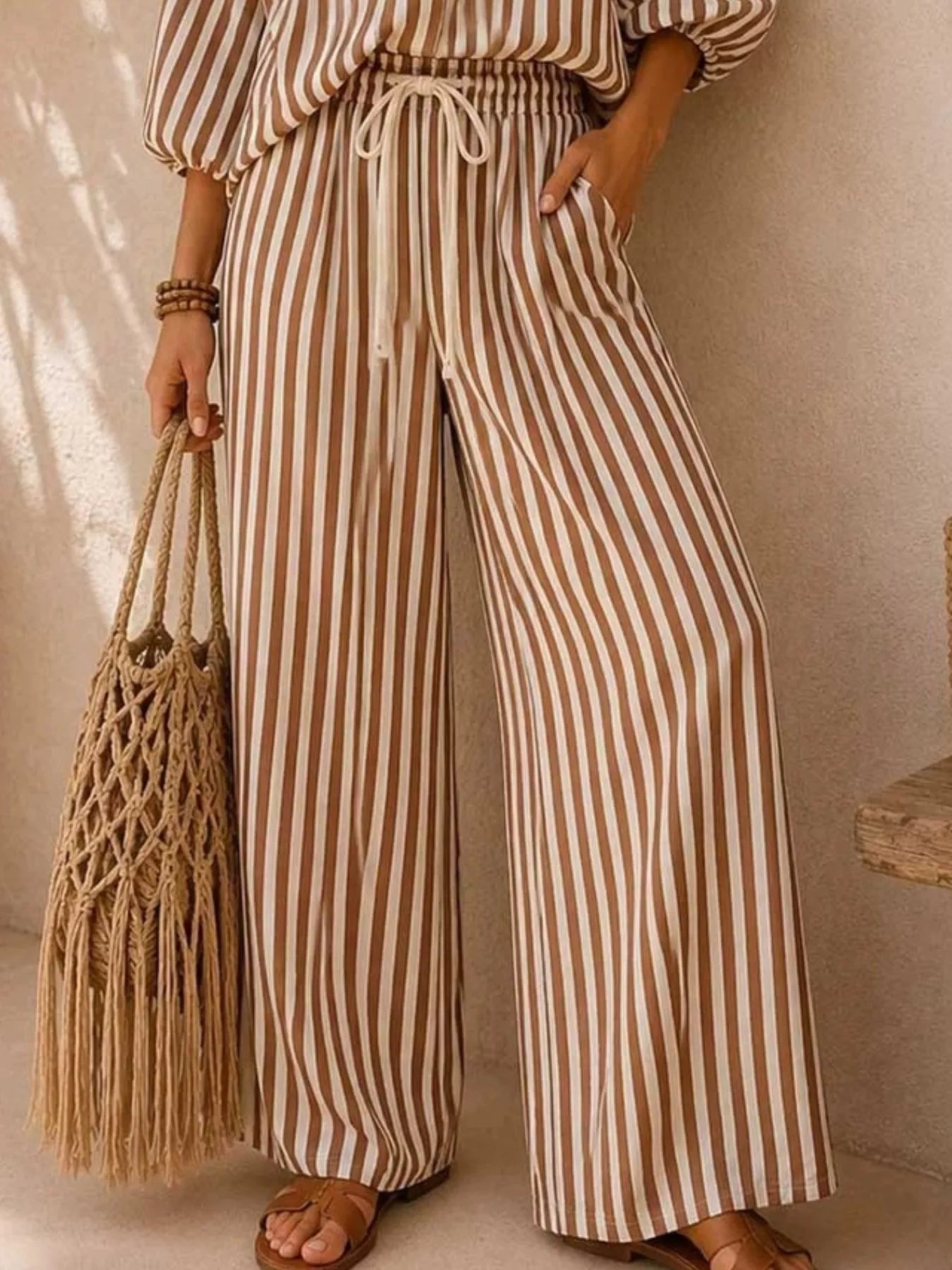 Striped Puff-Sleeve Top and Wide-Leg Pants Set