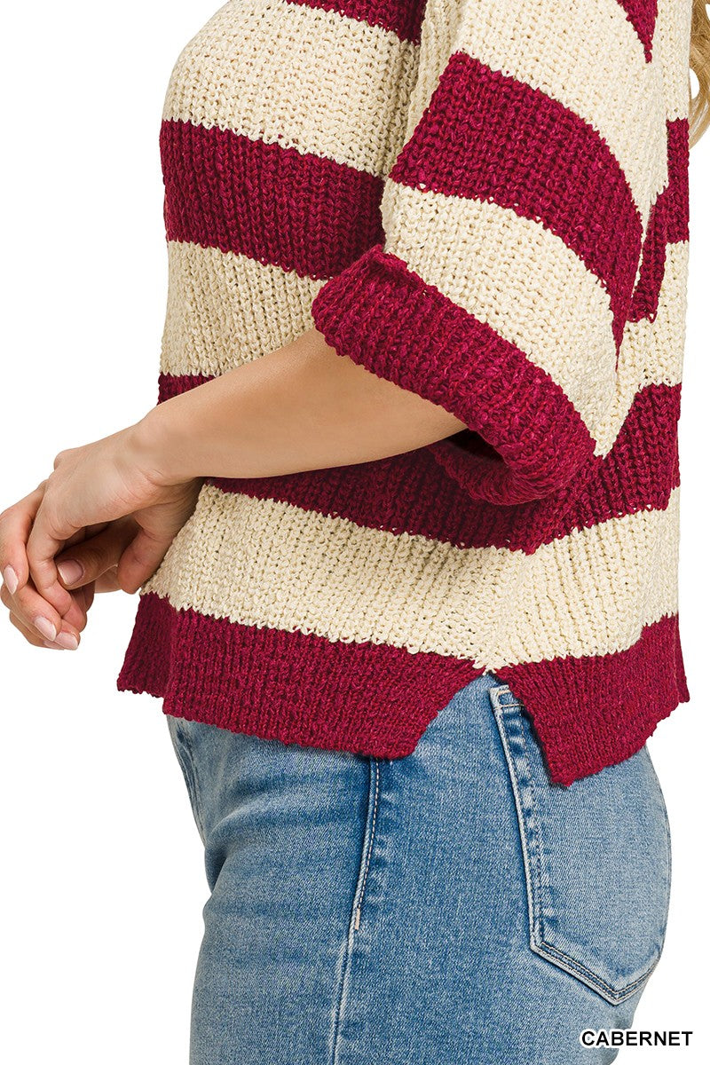 Zenana Split Neck Striped Sweater in Cabernet