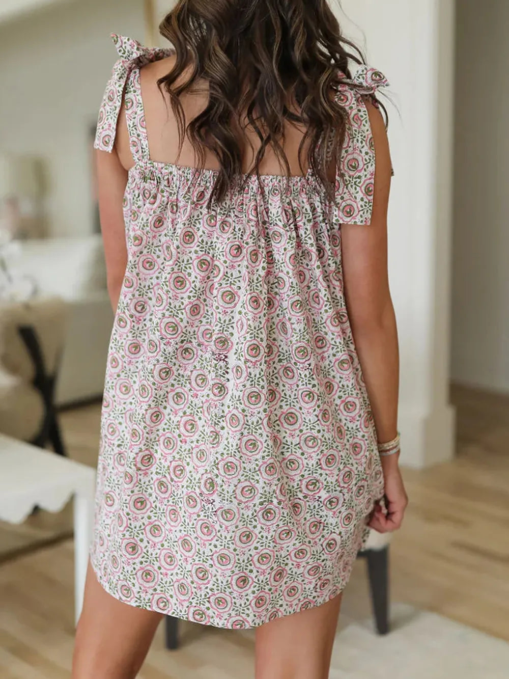 Printed Tie-Shoulder Ruched Mini Dress by Mystique Q