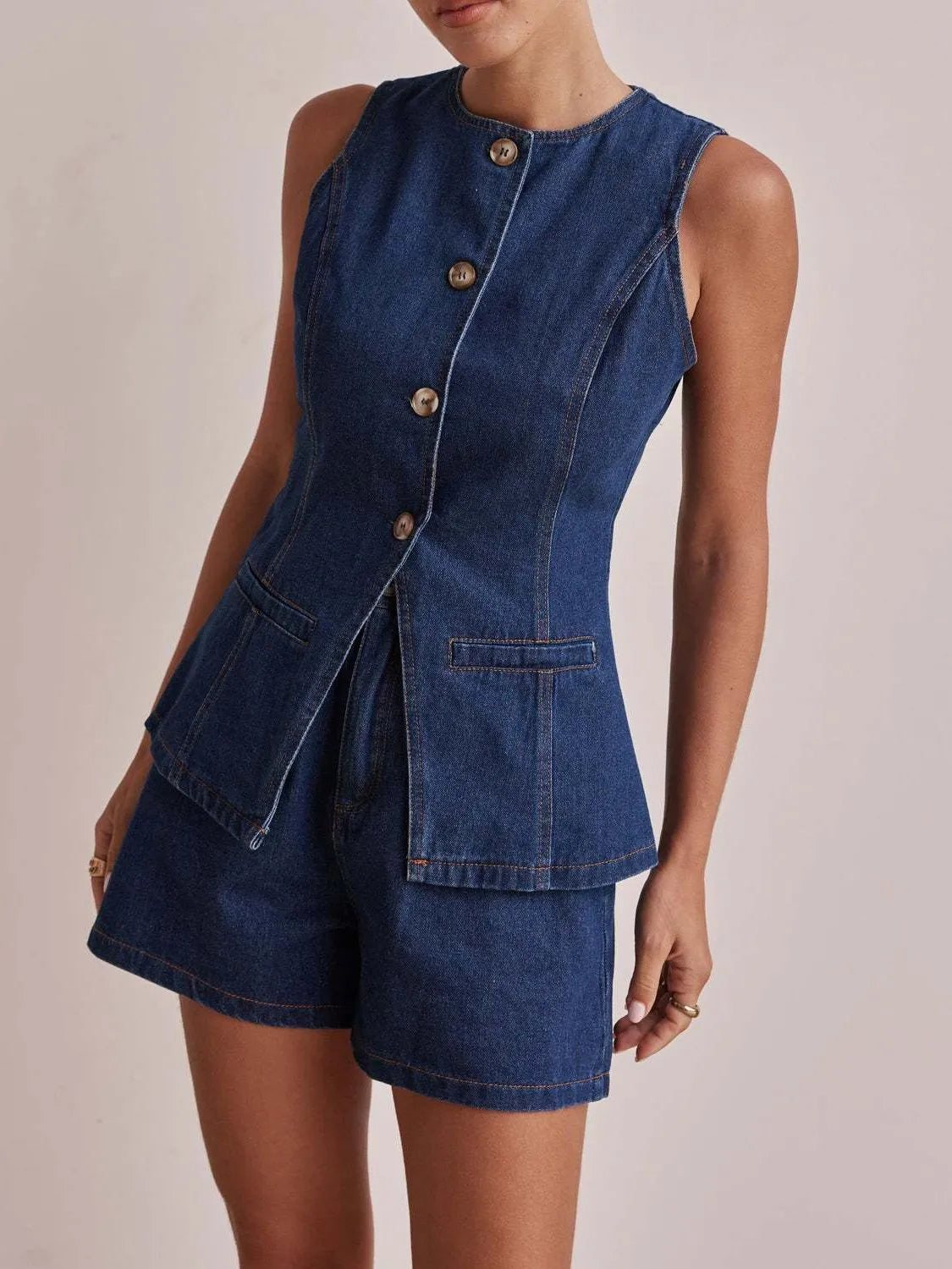 Button-Down Vest and Shorts Denim Set