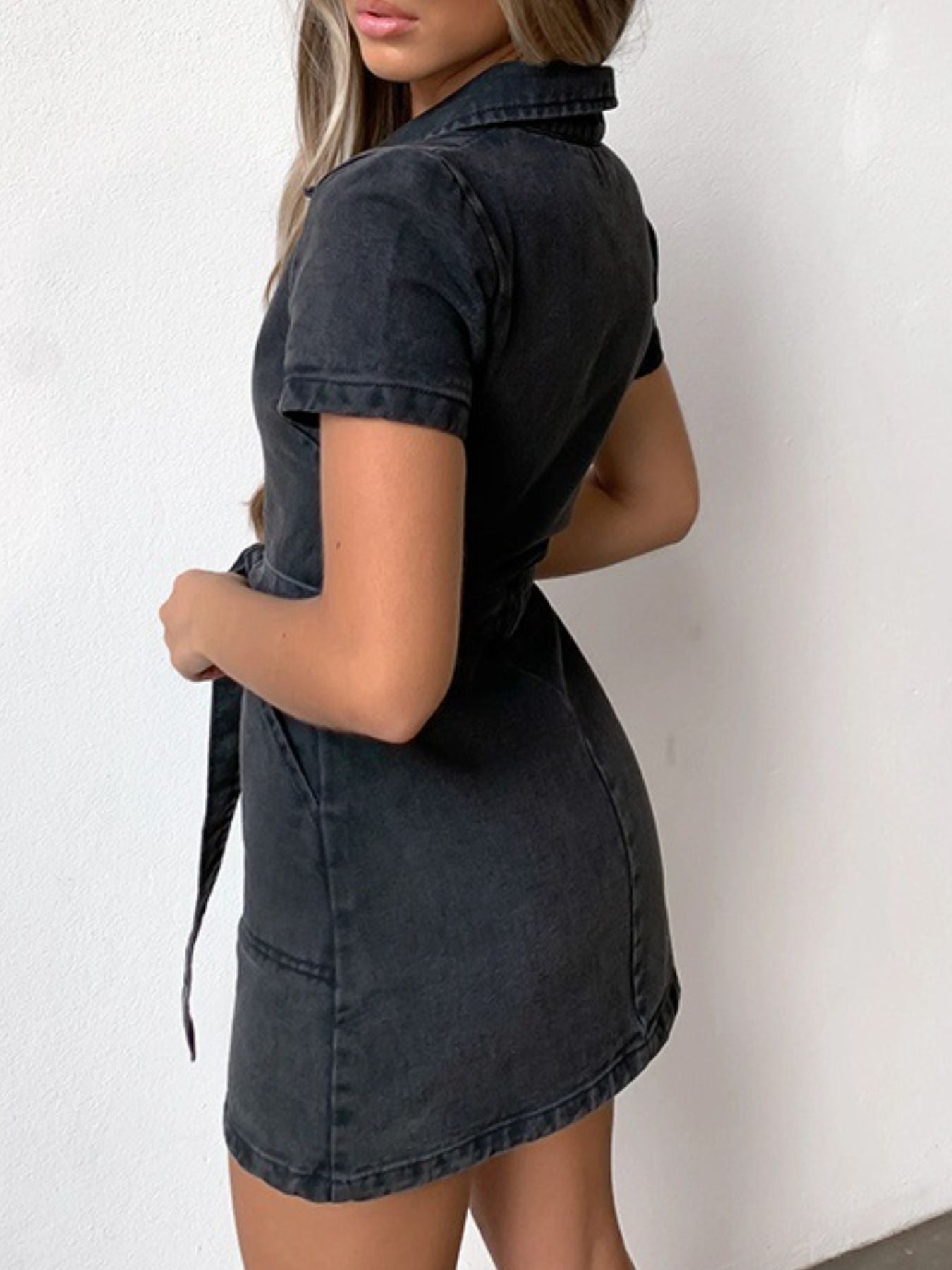 Zip-Front Short Sleeve Denim Dress by Yolan House