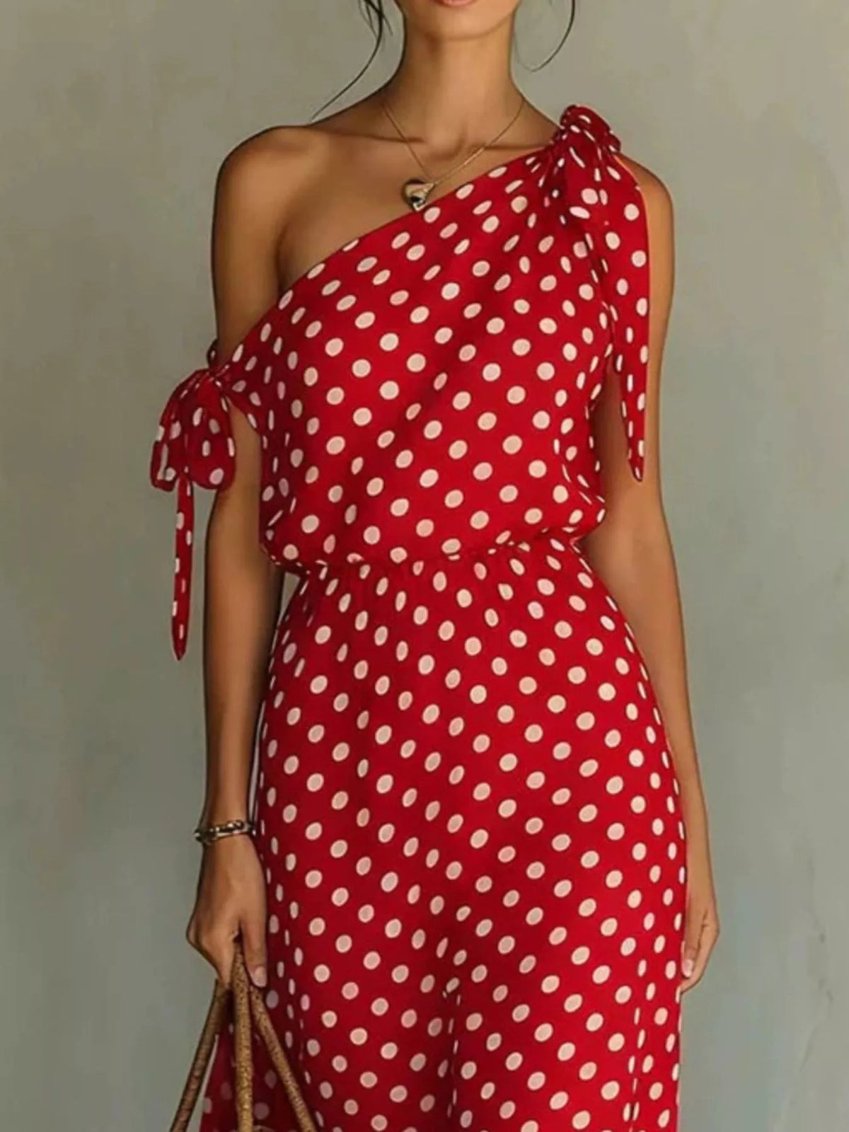 Polka Dot One-Shoulder Maxi Dress with Tie Detail