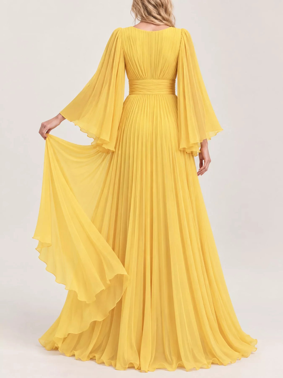 Sheer Pleated V-Neck Maxi Dress