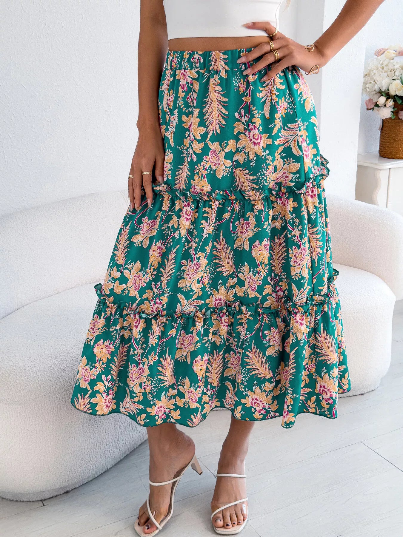 Floral Ruffle Hem Flowy Midi Skirt