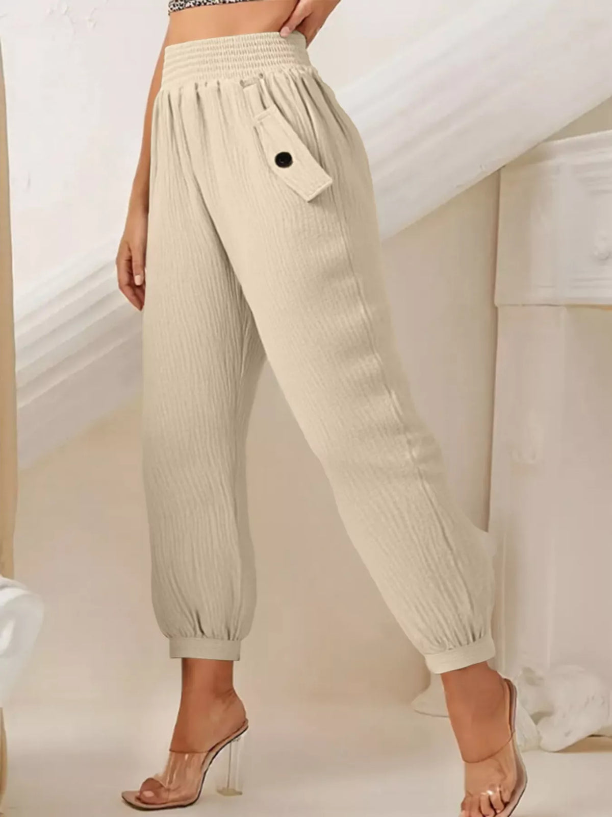 Smocked Textured Casual Pants in Beige