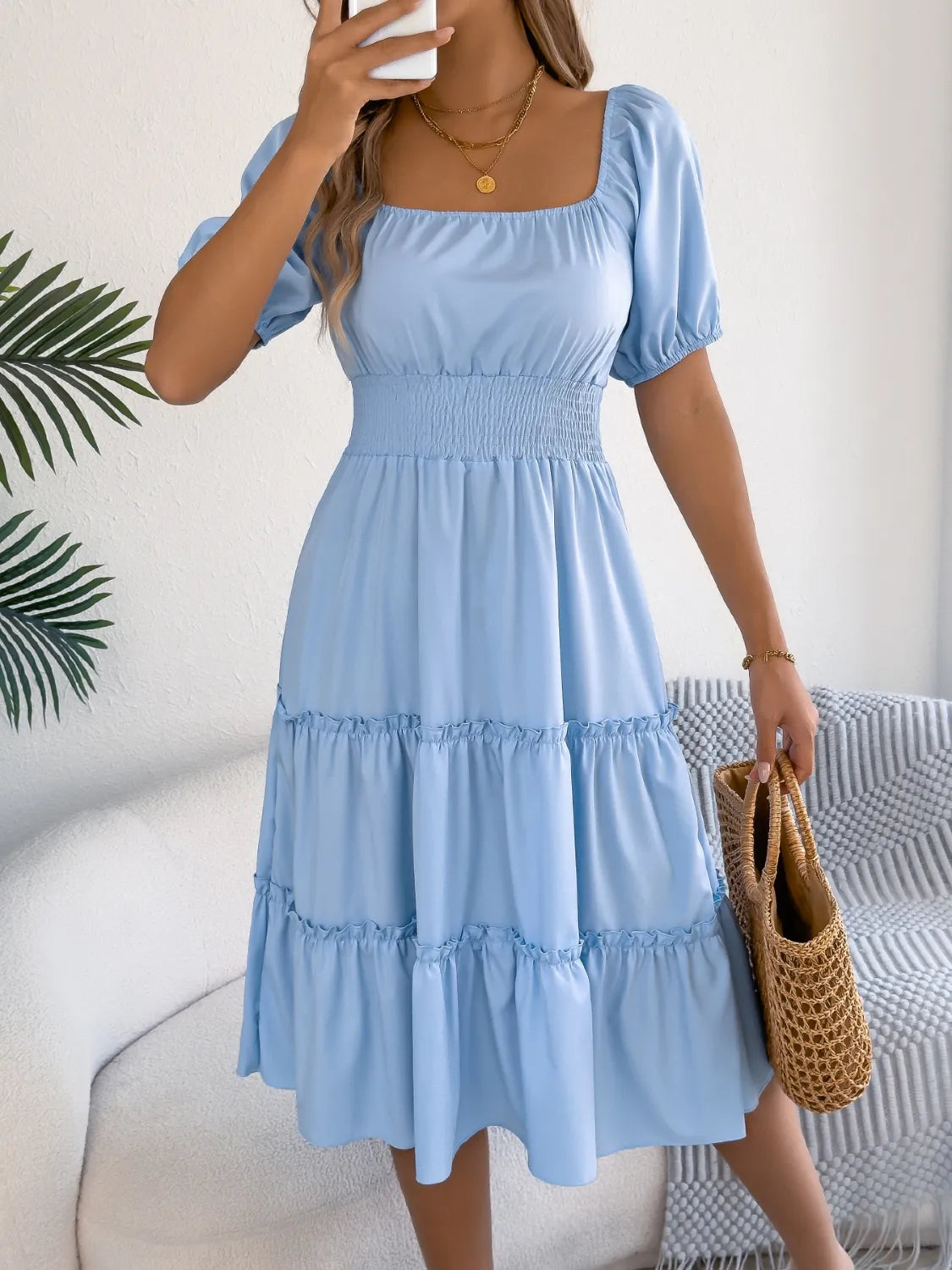 Square Neck Puff Sleeve Smocked Dress