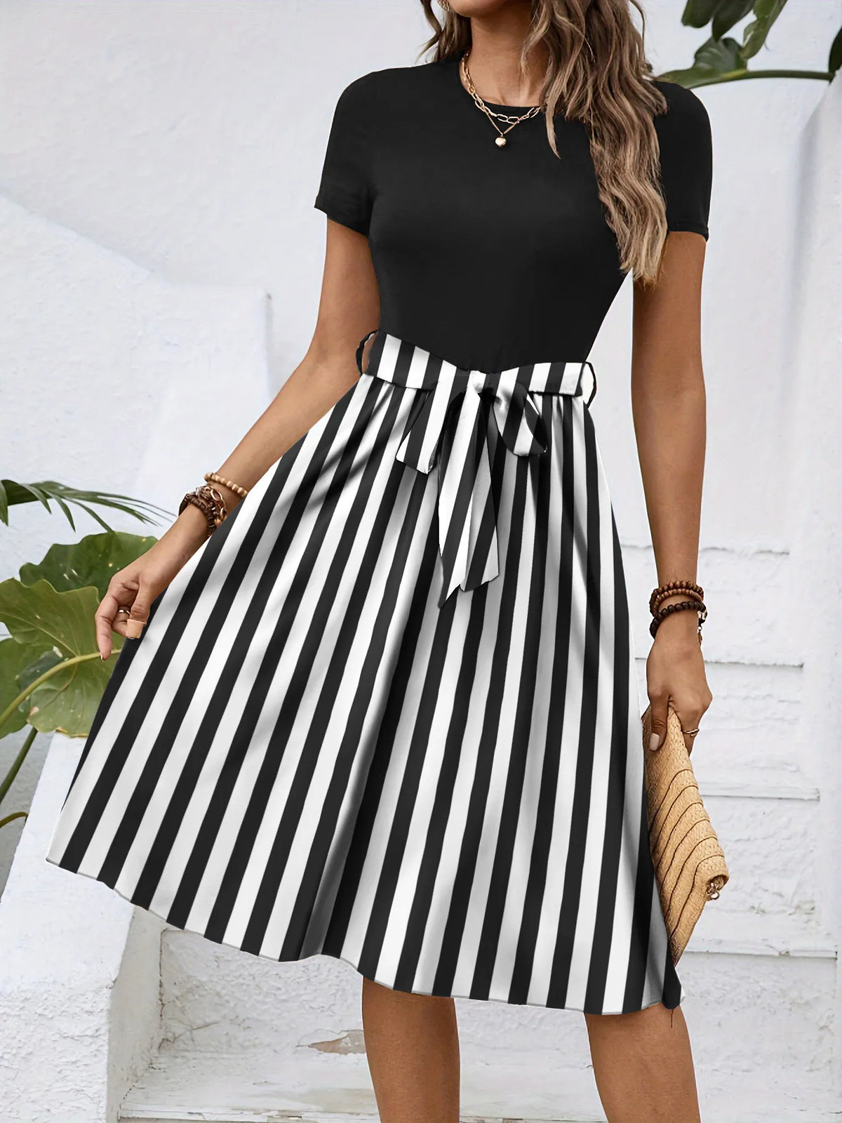 Striped Round-Neck Tie-Detail Dress by Classic Comfort