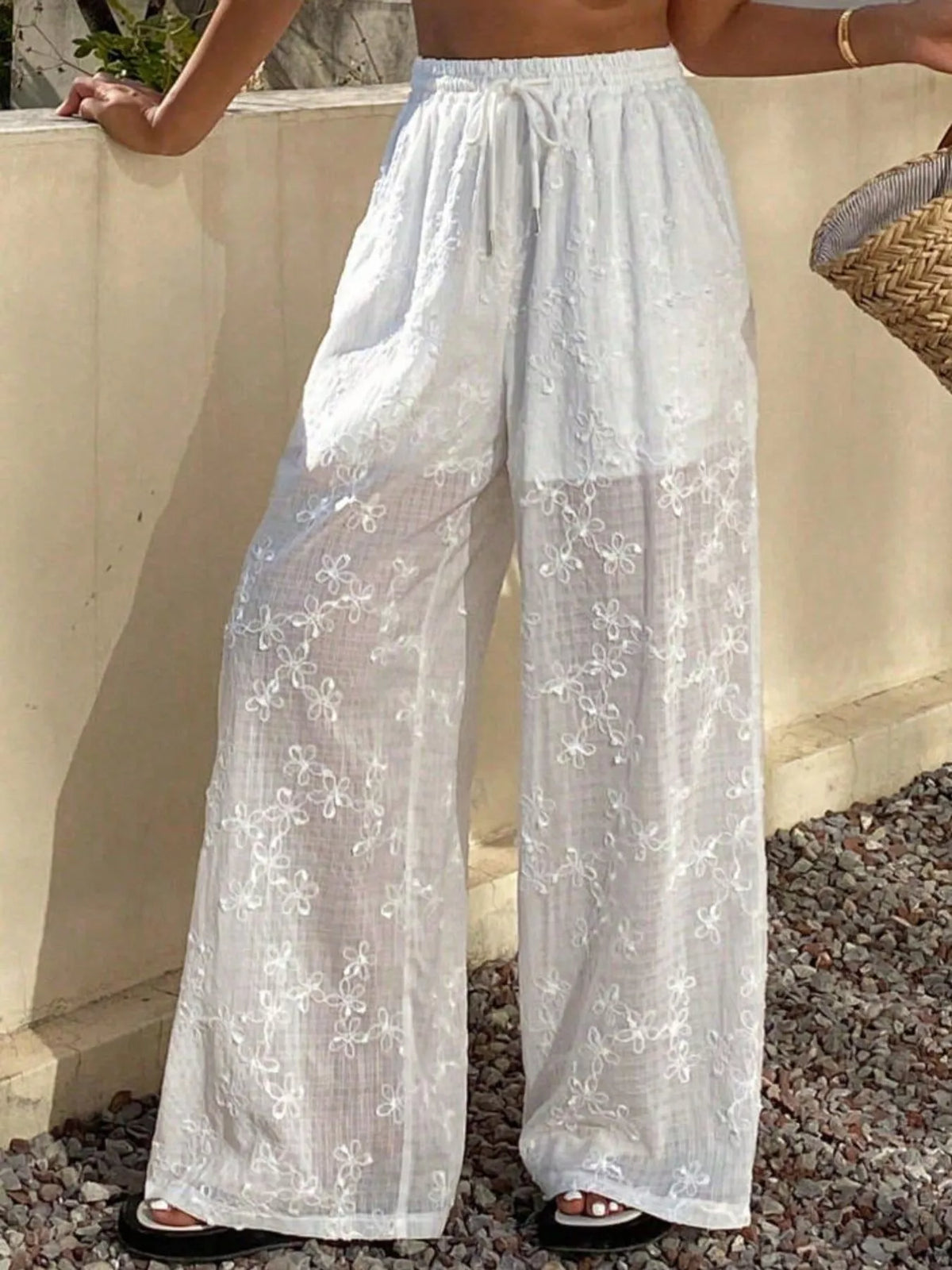 Floral Embroidered Wide-Leg Pants in White