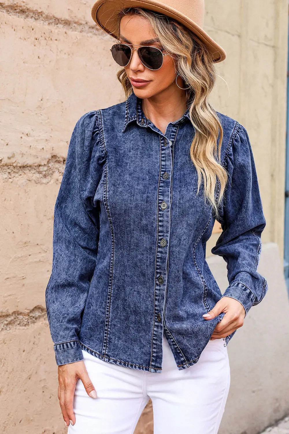 Button-Up Collared Denim Top
