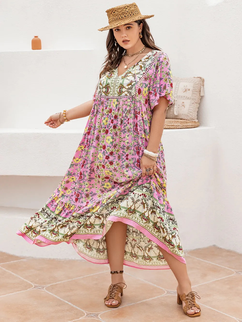 Floral Tie-Neck Flutter Sleeve Maxi Dress in Blush Pink