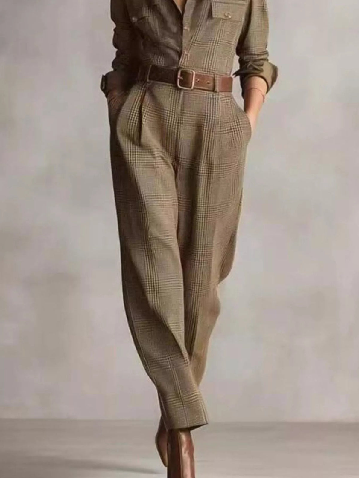Plaid Long Sleeve Button-Front Jumpsuit in Mocha by Yvette