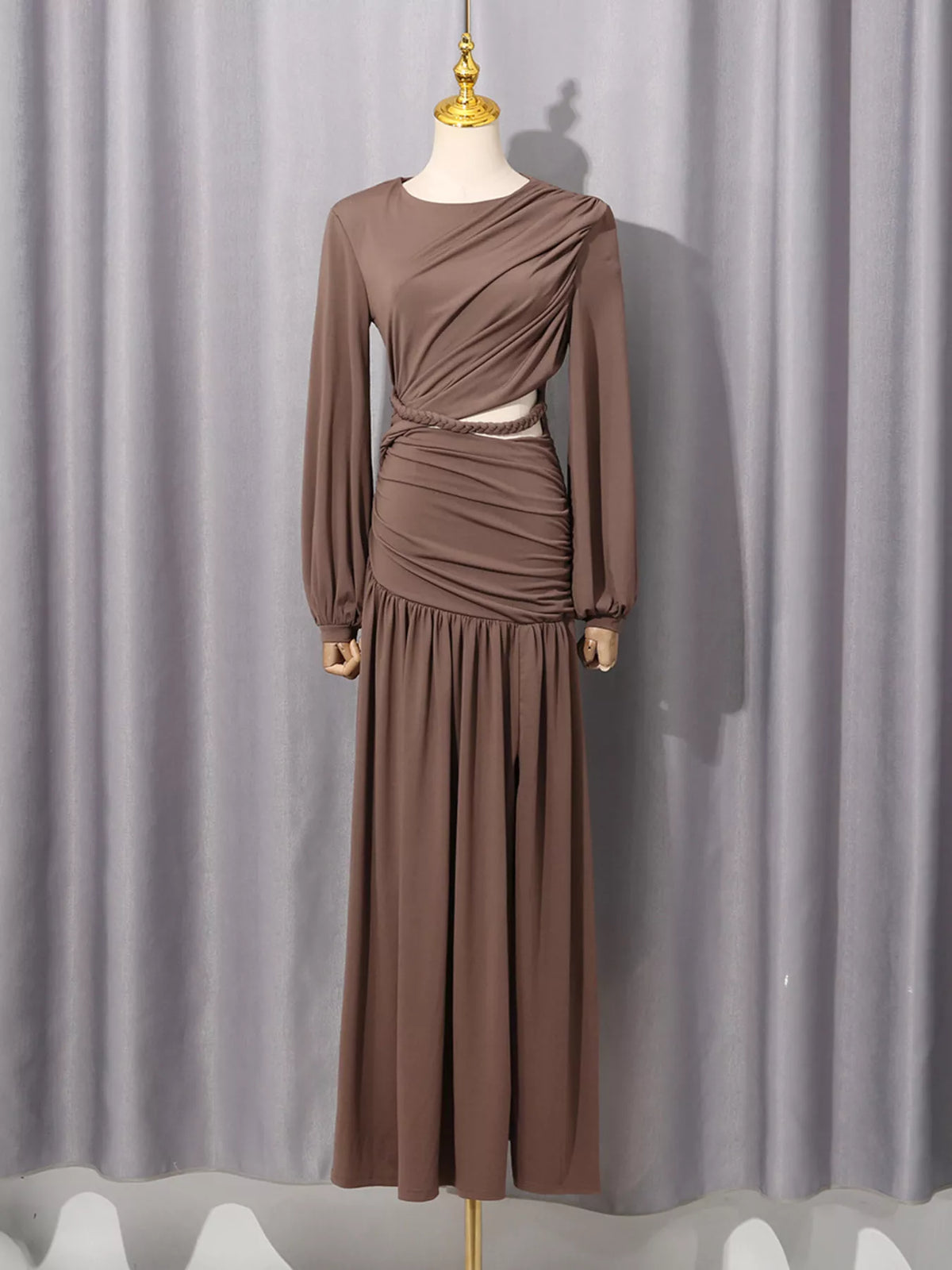 Ruched Long-Sleeve Maxi Dress in Brown