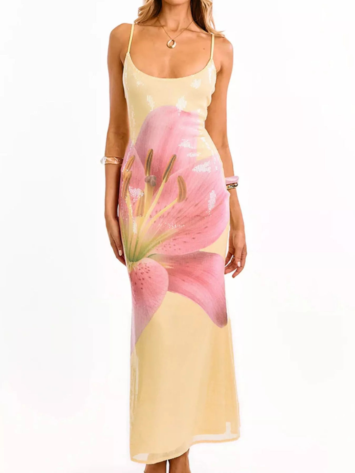 Flower Print Scoop Neck Maxi Cami Dress in Apricot