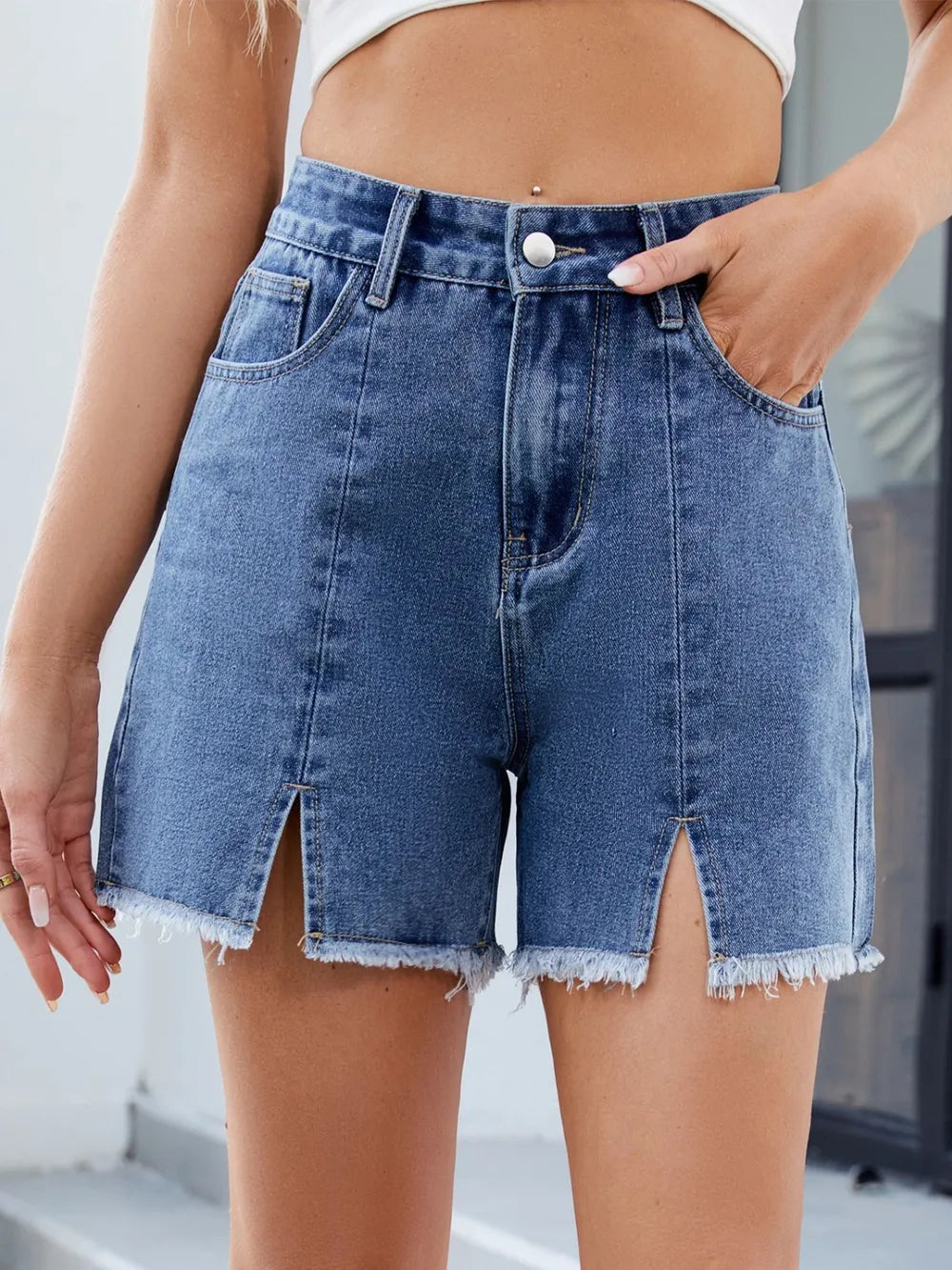Raw Hem Slit Denim Shorts by Moni Wear