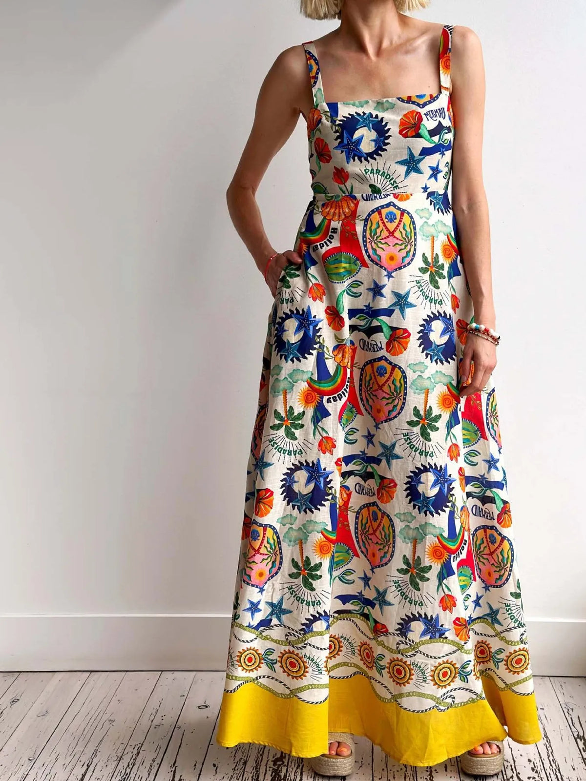 Printed Square Neck Maxi Dress in Multicolor