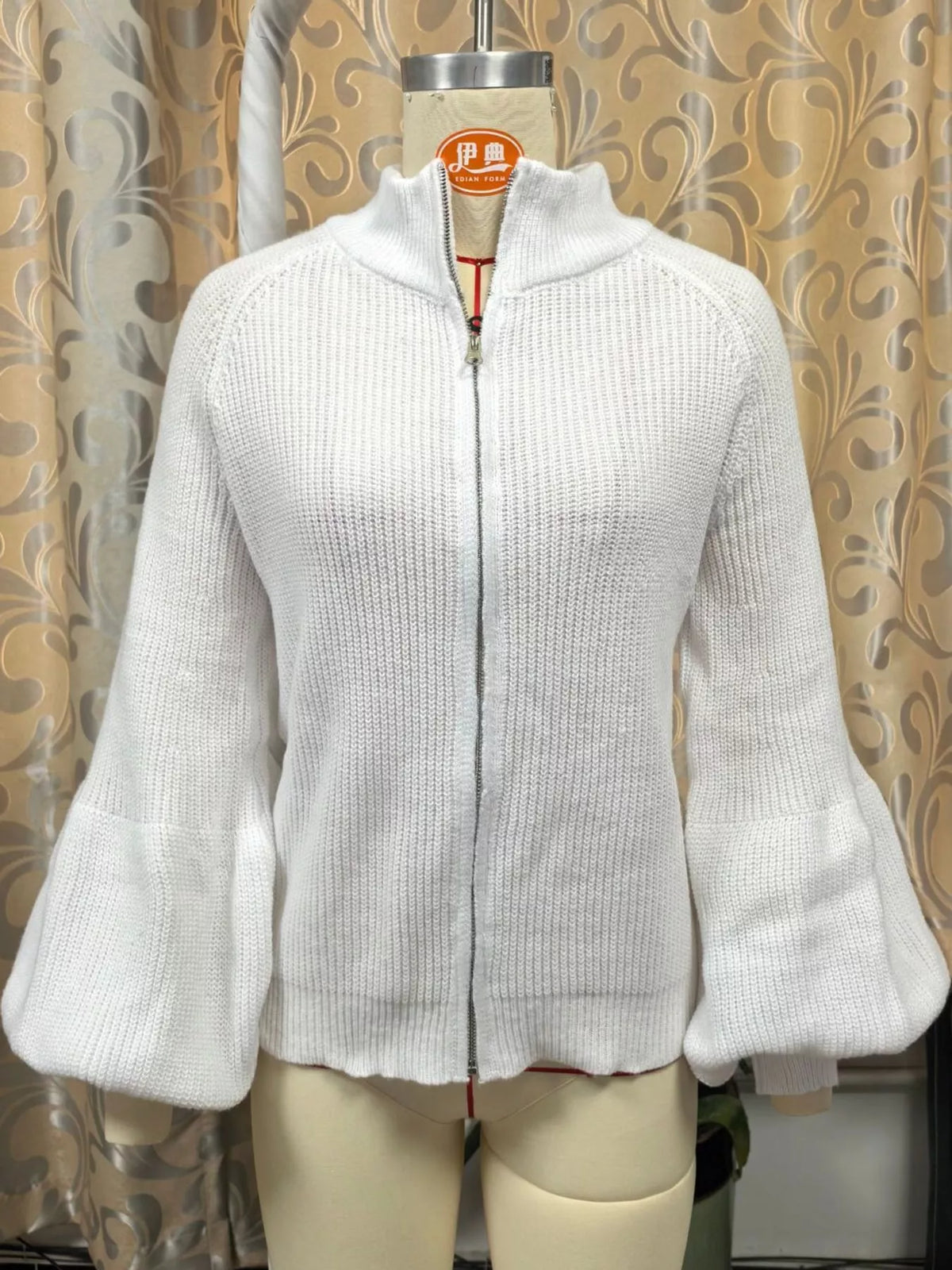 Ribbed Knit Zip-Up Cardigan with Lantern Sleeves