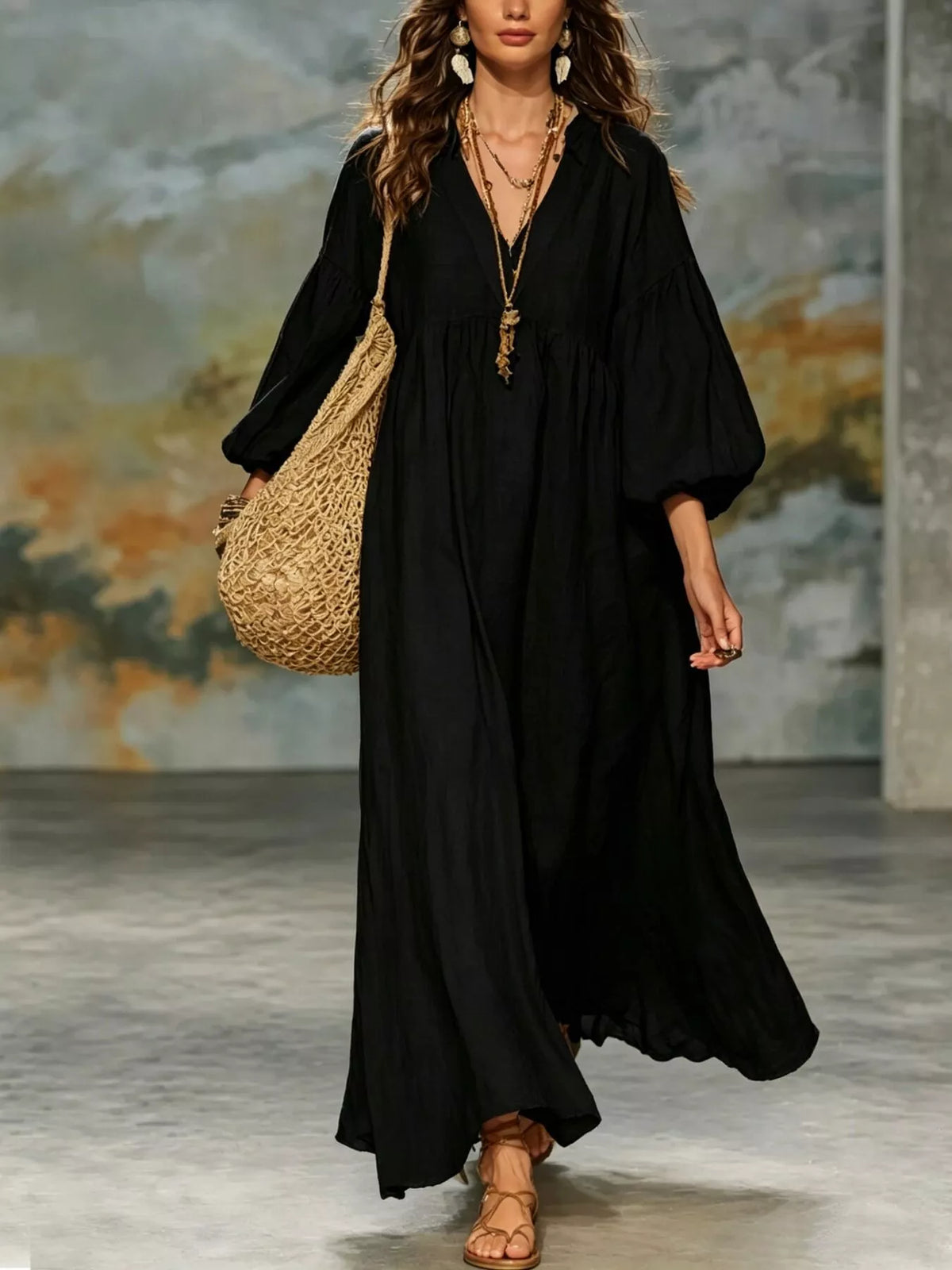Notched Neck 3/4 Sleeve Maxi Dress