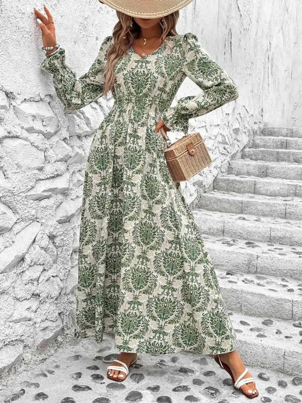 Smocked V-Neck Flounce Sleeve Dress