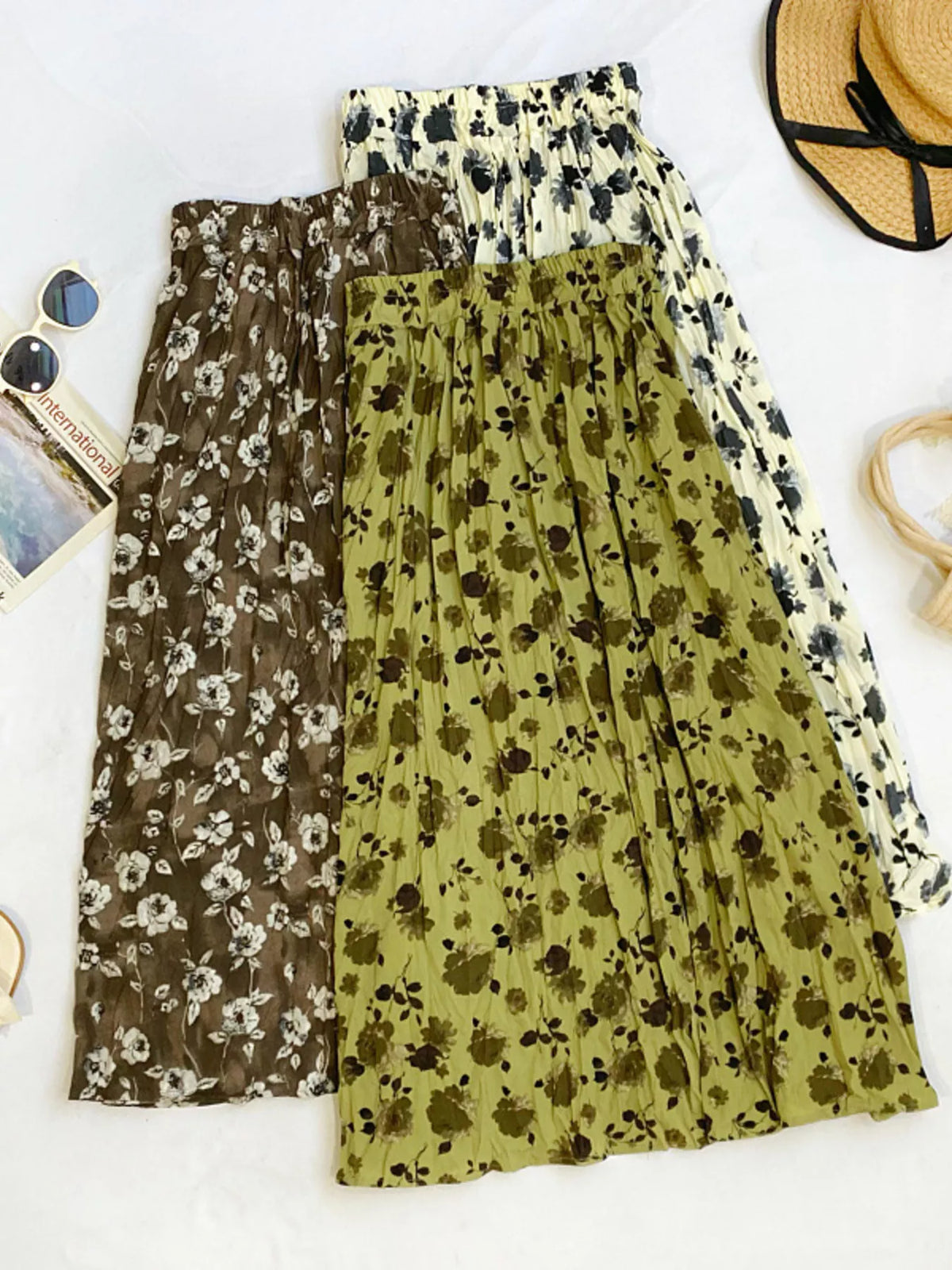 Floral Print Elastic-Waist Midi Skirt