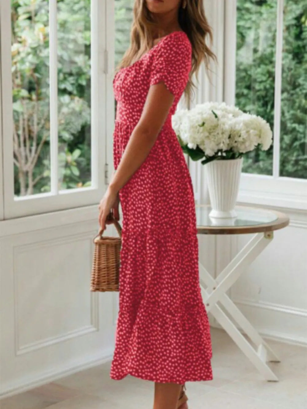 Printed Square Neck Midi Dress by Ease Mee