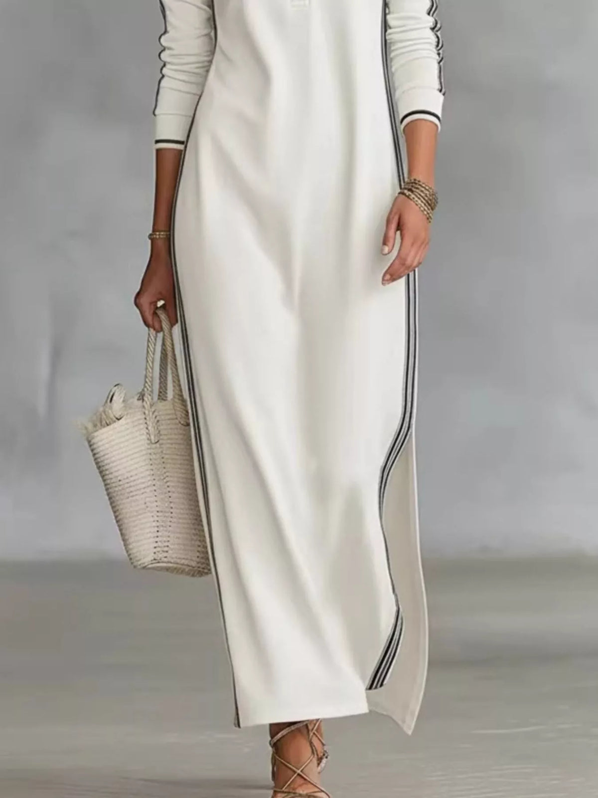 Side Stripe Slit Maxi Dress with Contrast Stitching