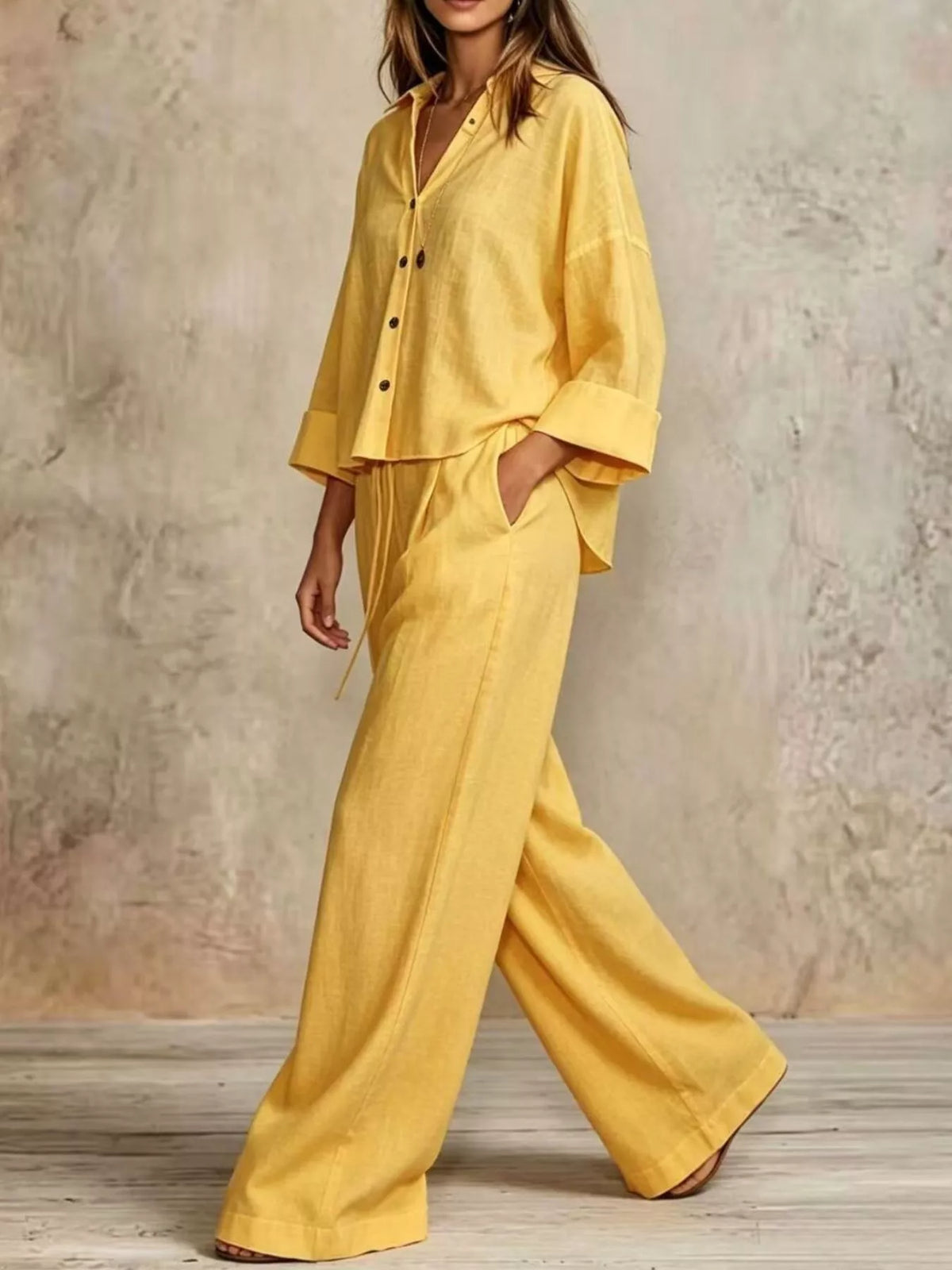Button-Down Shirt and Wide-Leg Pants Set