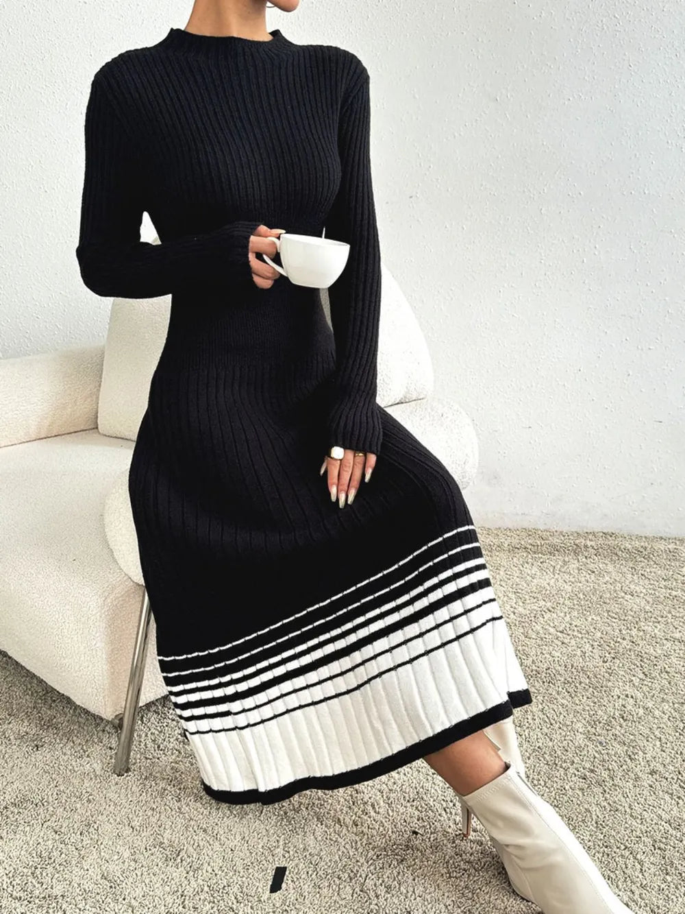Mock Neck Sweater Dress in Black